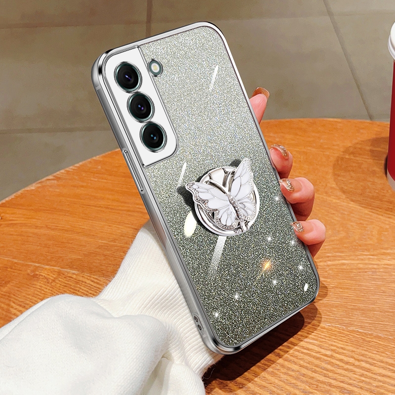 For Samsung Galaxy S22+ 5G Plated Gradient Glitter Butterfly Holder TPU Phone Case(Silver) For Samsung Galaxy S22+ 5G Plated Gradient Glitter Butterfly Holder TPU Phone Case(Silver)