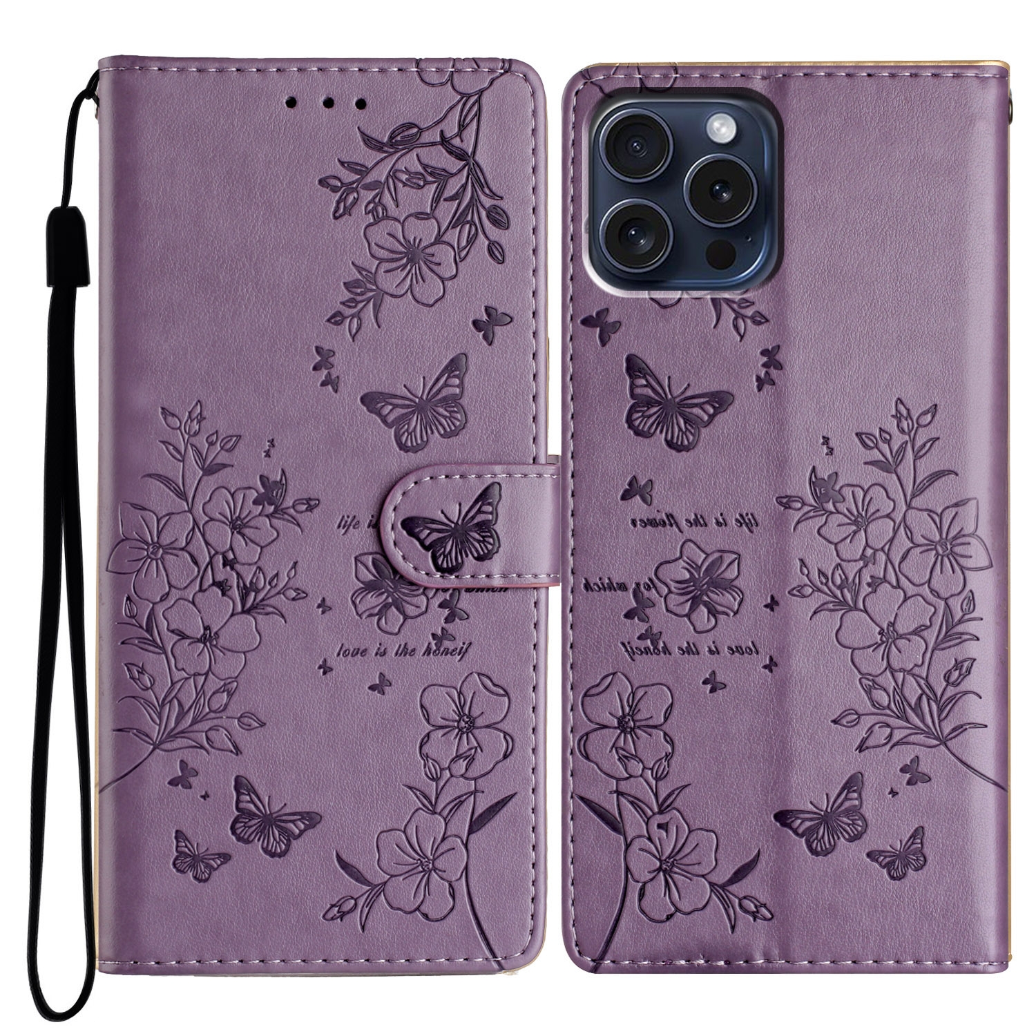 For iPhone 16 Pro Butterflies and Flowers Leather Phone Case(Purple) For iPhone 16 Pro Butterflies and Flowers Leather Phone Case(Purple)