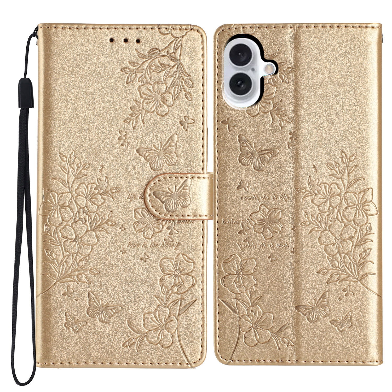 For iPhone 16 Plus Butterflies and Flowers Leather Phone Case(Gold) For iPhone 16 Plus Butterflies and Flowers Leather Phone Case(Gold)