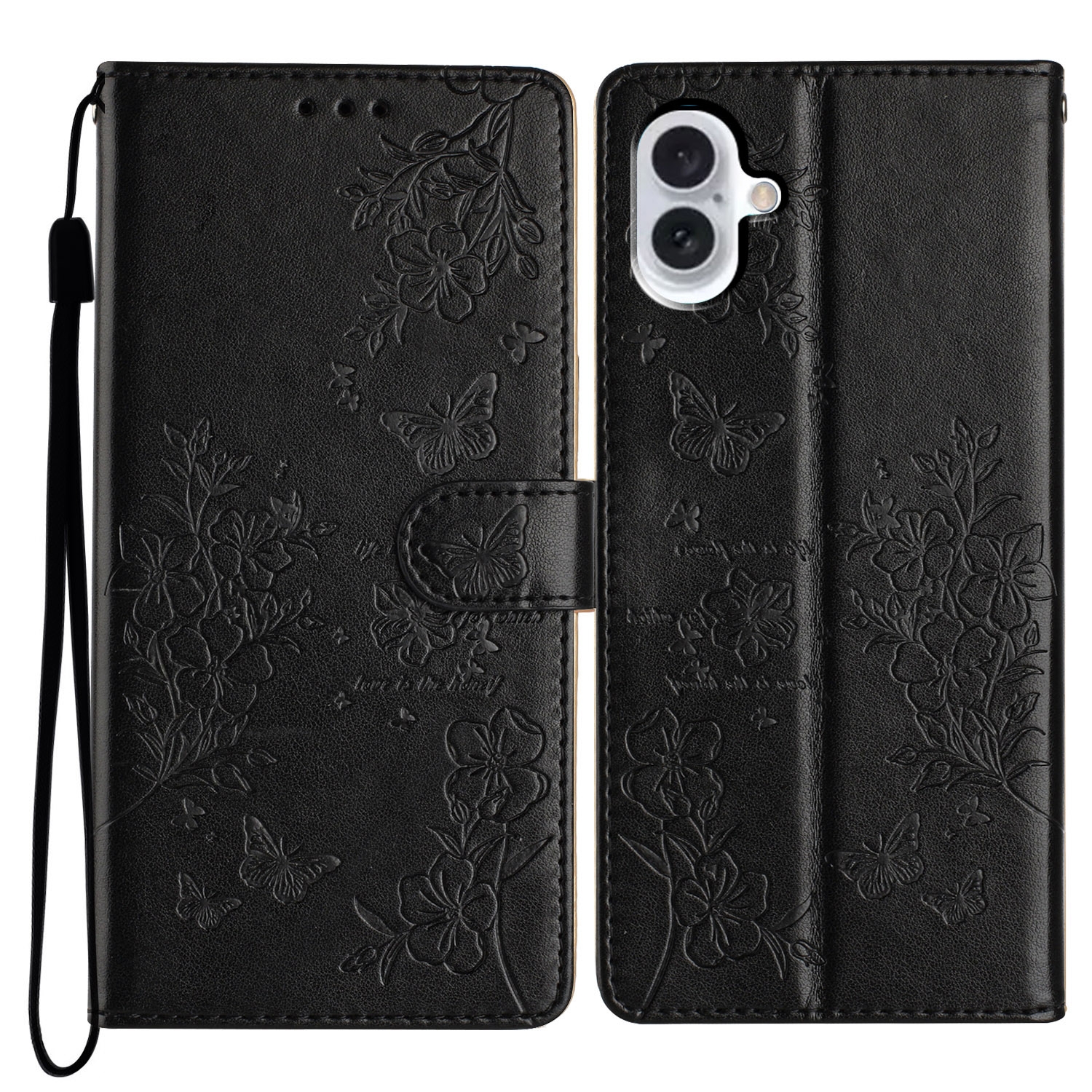 For iPhone 16 Butterflies and Flowers Leather Phone Case(Black) For iPhone 16 Butterflies and Flowers Leather Phone Case(Black)