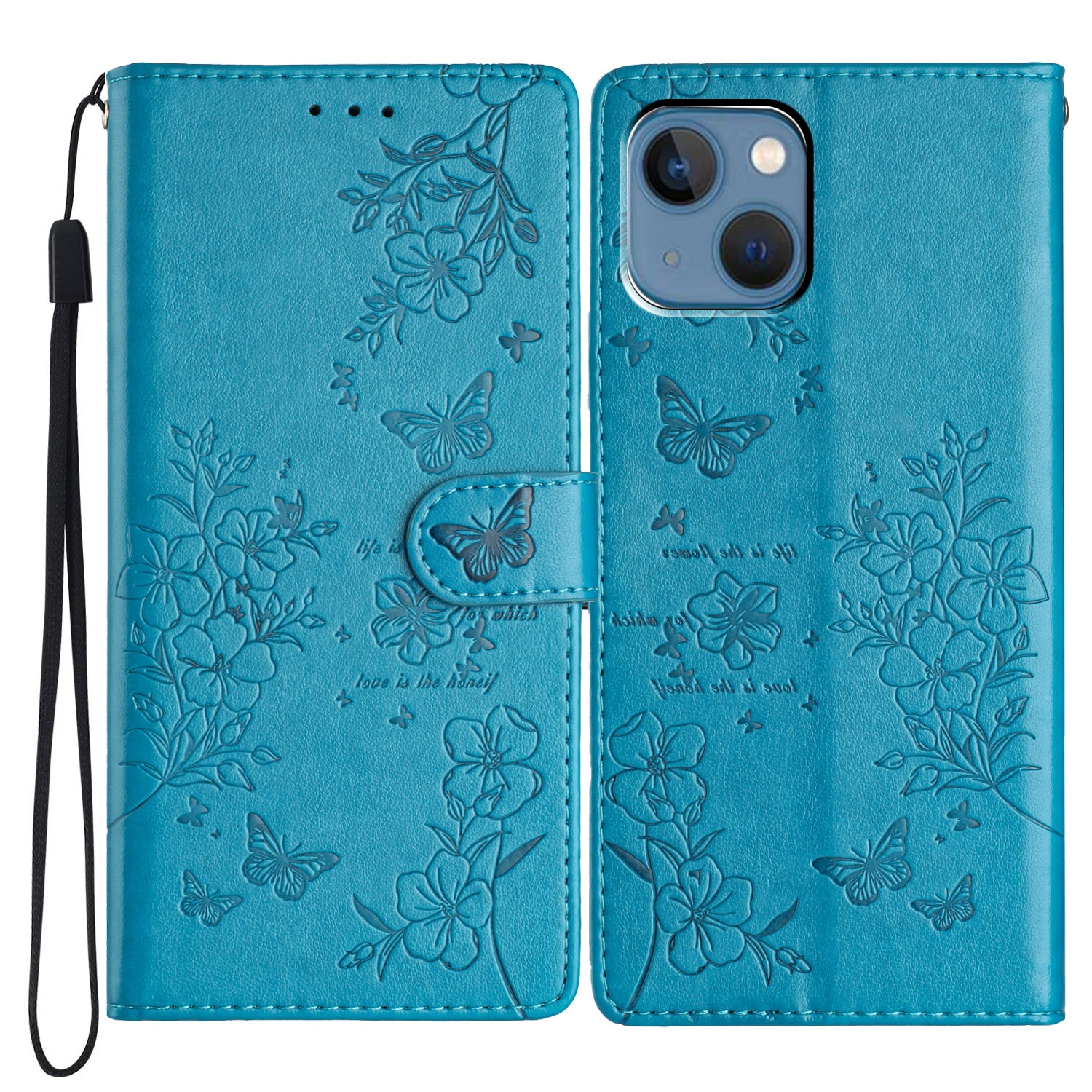 For iPhone 13 mini Butterflies and Flowers Leather Phone Case(Blue) For iPhone 13 mini Butterflies and Flowers Leather Phone Case(Blue)