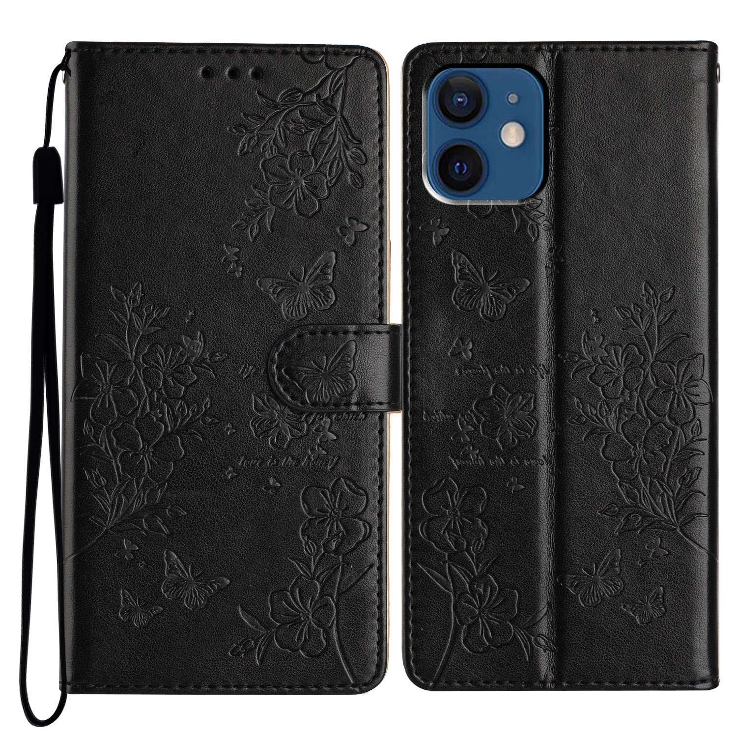 For iPhone 12 / 12 Pro Butterflies and Flowers Leather Phone Case(Black) For iPhone 12 / 12 Pro Butterflies and Flowers Leather Phone Case(Black)
