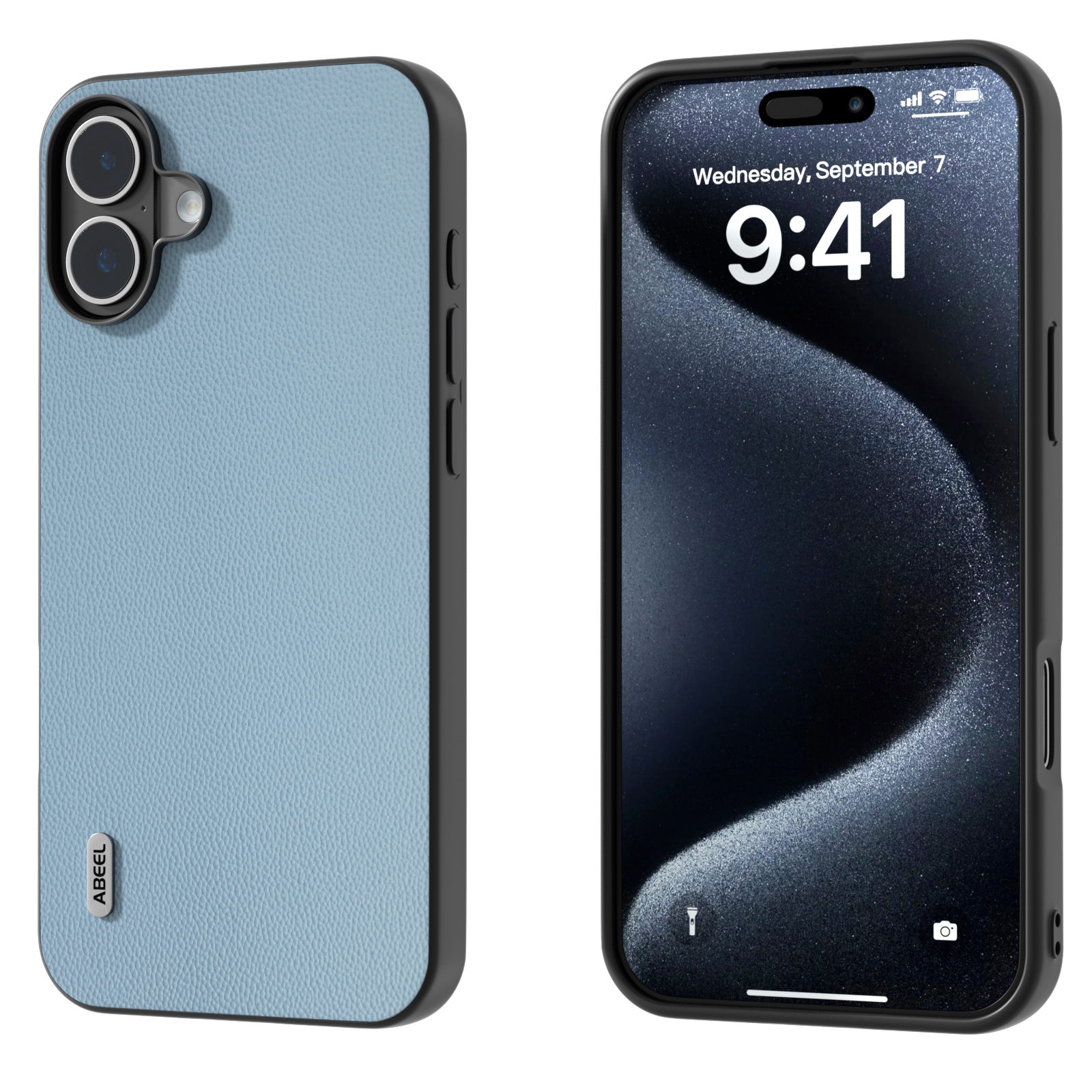 For iPhone 16 Plus ABEEL Black Frame Genuine Leather Elegant Phone Case(Sky Blue) For iPhone 16 Plus ABEEL Black Frame Genuine Leather Elegant Phone Case(Sky Blue)