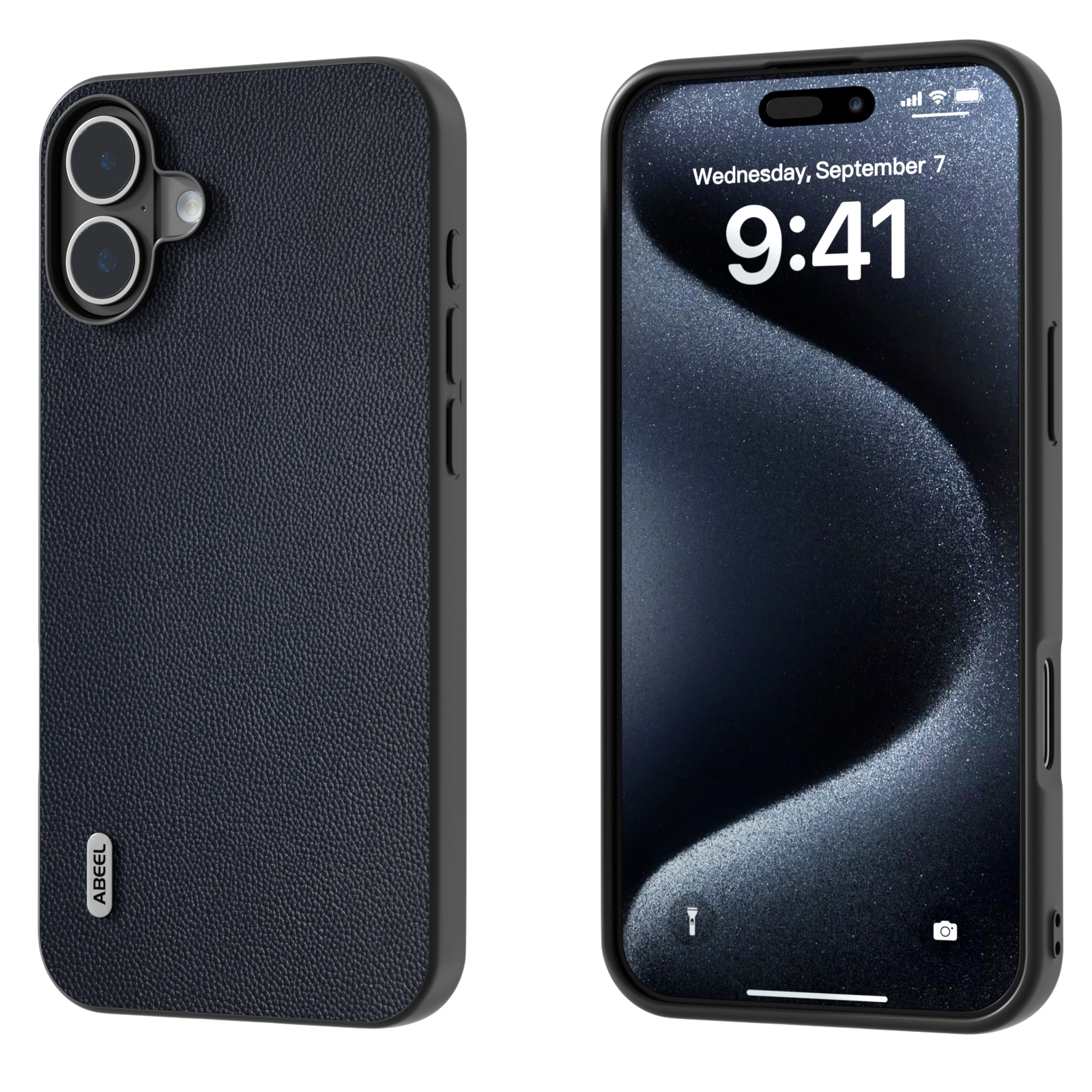 For iPhone 16 ABEEL Black Frame Genuine Leather Elegant Phone Case(Blue) For iPhone 16 ABEEL Black Frame Genuine Leather Elegant Phone Case(Blue)