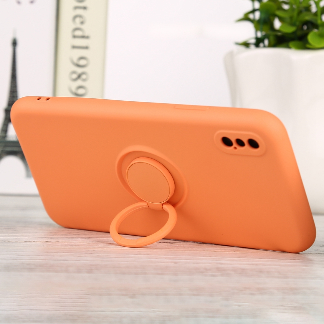 For iPhone XS Max Solid Color Liquid Silicone Shockproof Full Coverage Protective Case with Ring Holder(Orange)