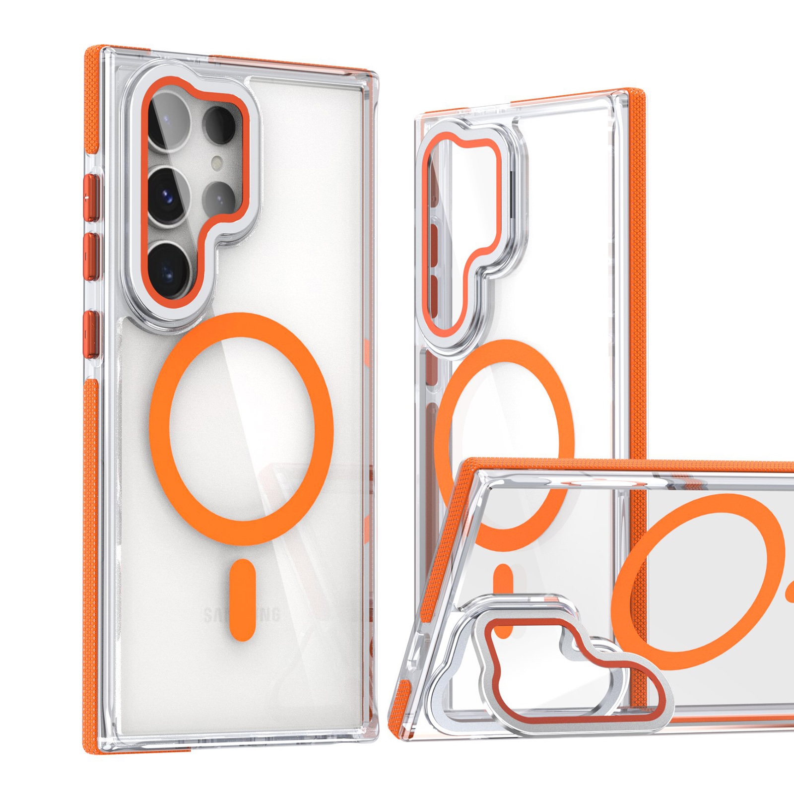 For Samsung Galaxy S24 Ultra 5G Dual-Color Clear Acrylic Hybrid TPU MagSafe Lens Film Phone Case with Holder(Orange) For Samsung Galaxy S24 Ultra 5G Dual-Color Clear Acrylic Hybrid TPU MagSafe Lens Film Phone Case with Holder(Orange)