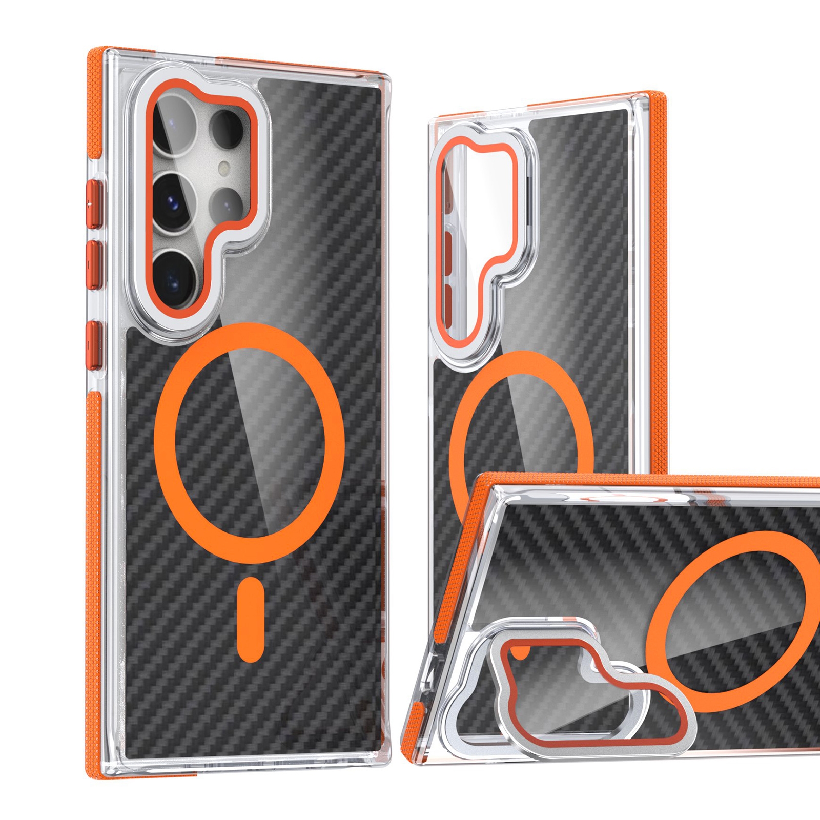For Samsung Galaxy S24 Ultra 5G Magsafe Dual-Color Carbon Fiber Lens Film Phone Case with Lens Fold Holder(Orange) For Samsung Galaxy S24 Ultra 5G Magsafe Dual-Color Carbon Fiber Lens Film Phone Case with Lens Fold Holder(Orange)