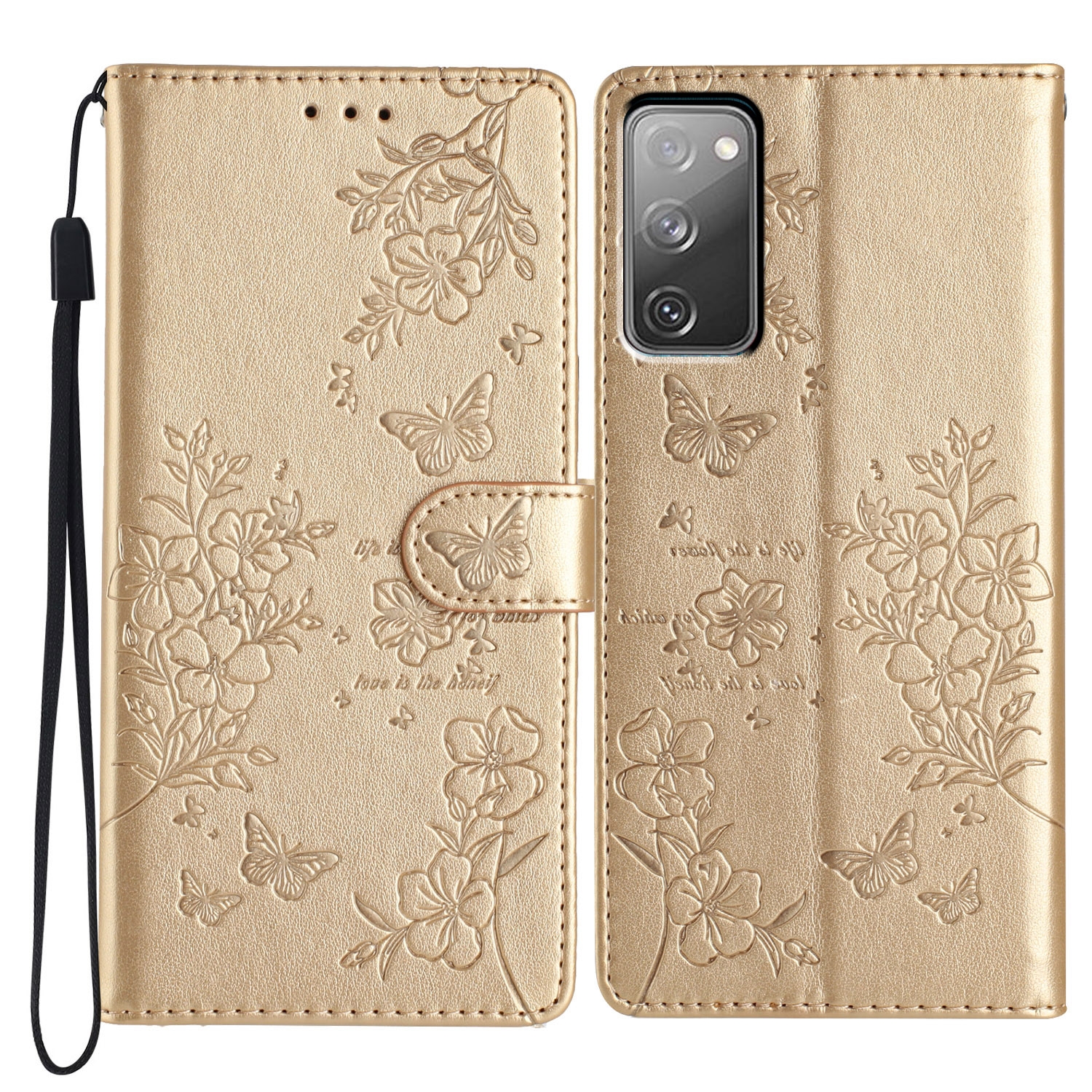 For Samsung Galaxy S20 FE Butterflies and Flowers Leather Phone Case(Gold) For Samsung Galaxy S20 FE Butterflies and Flowers Leather Phone Case(Gold)