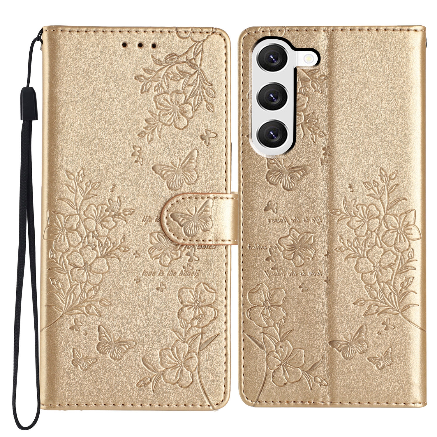 For Samsung Galaxy S23+ 5G Butterflies and Flowers Leather Phone Case(Gold) For Samsung Galaxy S23+ 5G Butterflies and Flowers Leather Phone Case(Gold)