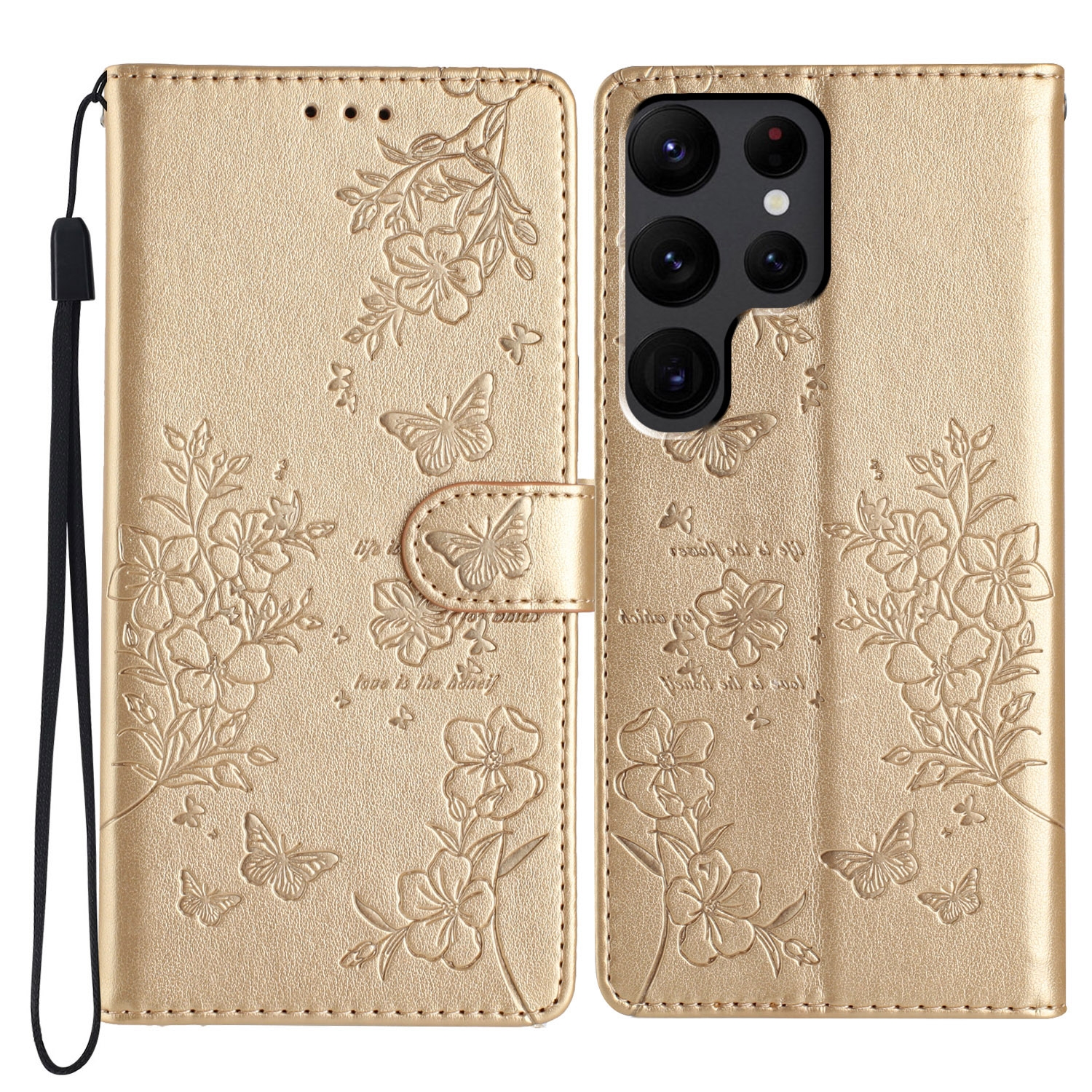 For Samsung Galaxy S24 Ultra 5G Butterflies and Flowers Leather Phone Case(Gold) For Samsung Galaxy S24 Ultra 5G Butterflies and Flowers Leather Phone Case(Gold)