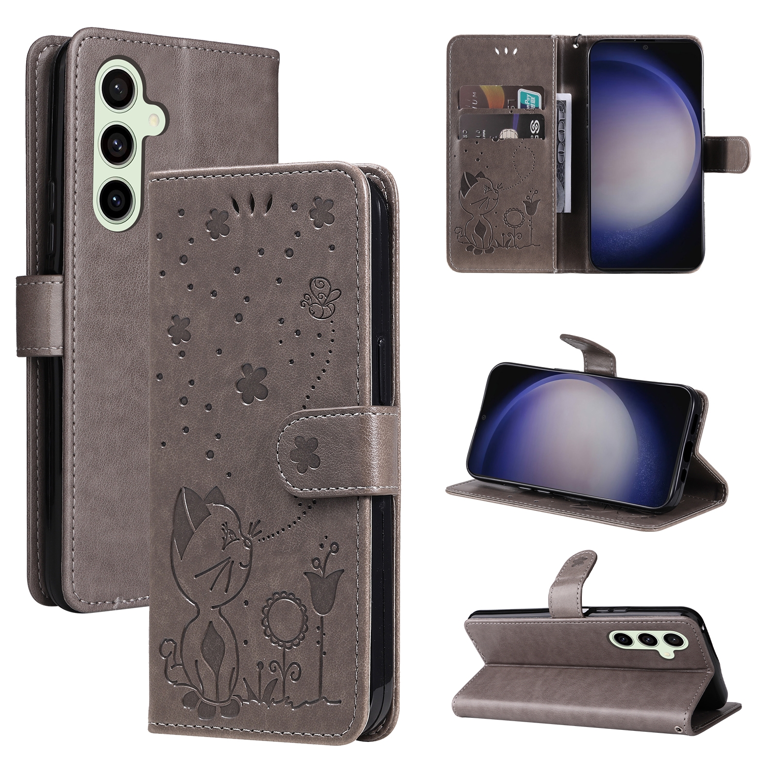 For Samsung Galaxy S25+ / S24+ 5G Cat and Bee Embossed Flip Leather Phone Case(Grey) For Samsung Galaxy S25+ / S24+ 5G Cat and Bee Embossed Flip Leather Phone Case(Grey)