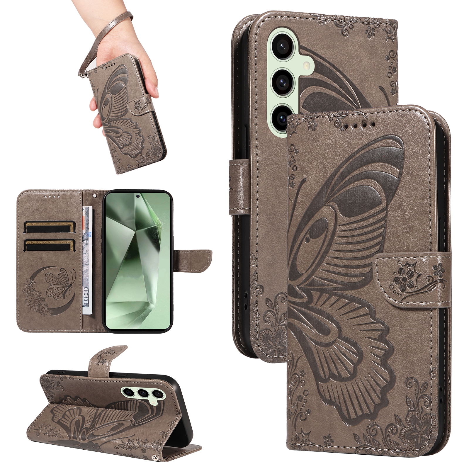 For Samsung Galaxy S24 FE 5G Swallowtail Butterfly Embossed Leather Phone Case(Grey) For Samsung Galaxy S24 FE 5G Swallowtail Butterfly Embossed Leather Phone Case(Grey)