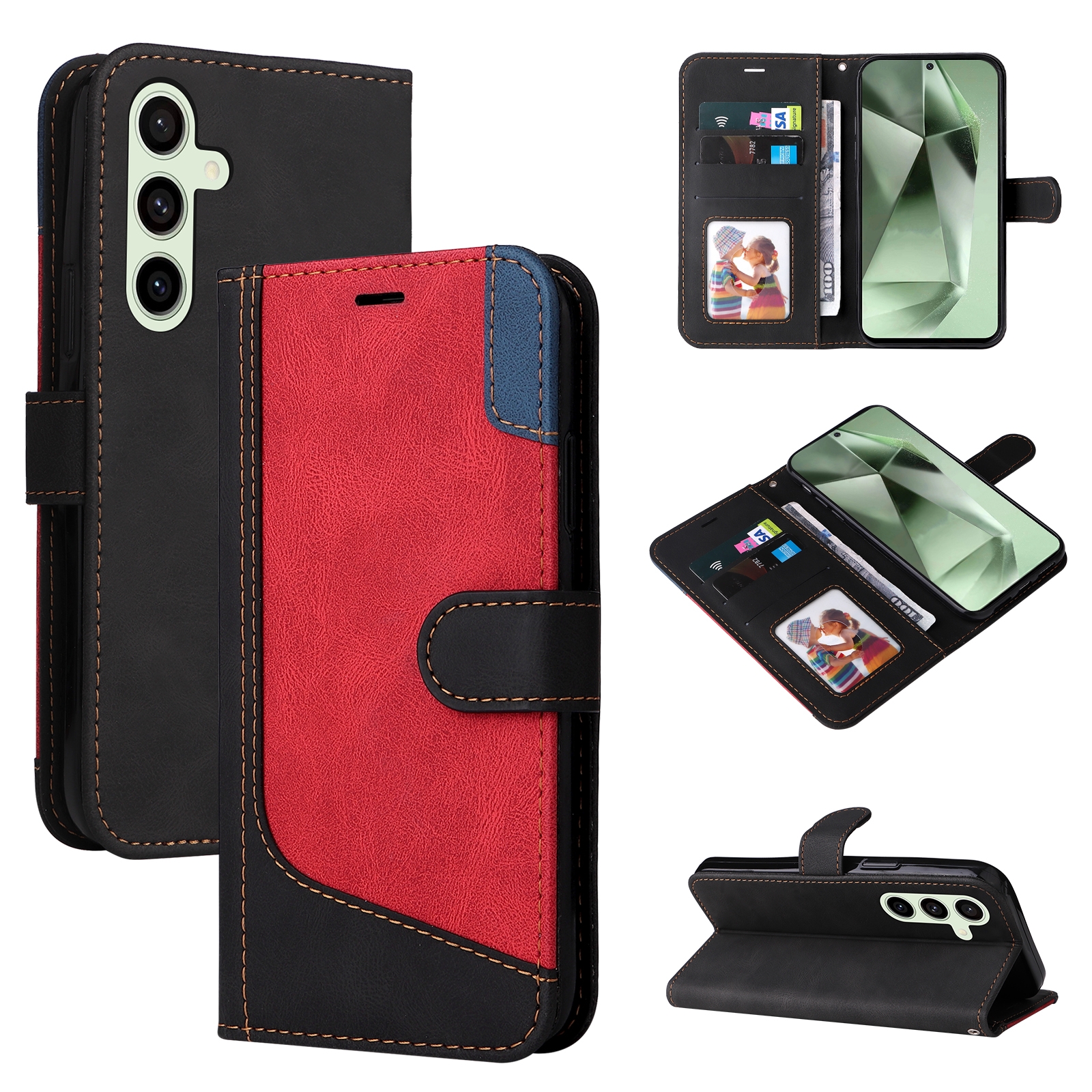 For Samsung Galaxy S24 FE 5G Three Color Splicing Leather Phone Case(Black) For Samsung Galaxy S24 FE 5G Three Color Splicing Leather Phone Case(Black)