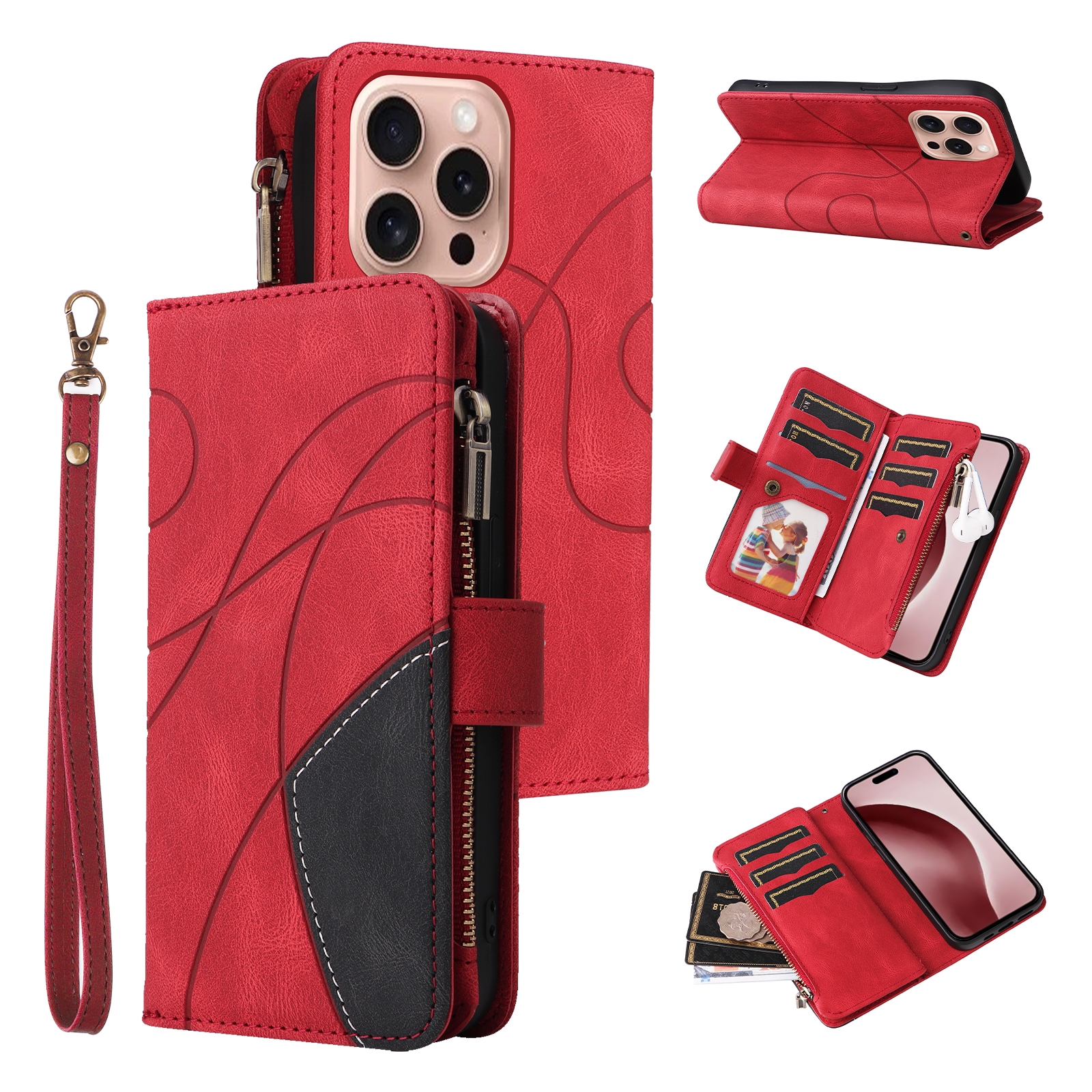 For iPhone 16 Pro Dual-color 9 Card Slots Zipper Wallet Leather Phone Case(Red) For iPhone 16 Pro Dual-color 9 Card Slots Zipper Wallet Leather Phone Case(Red)