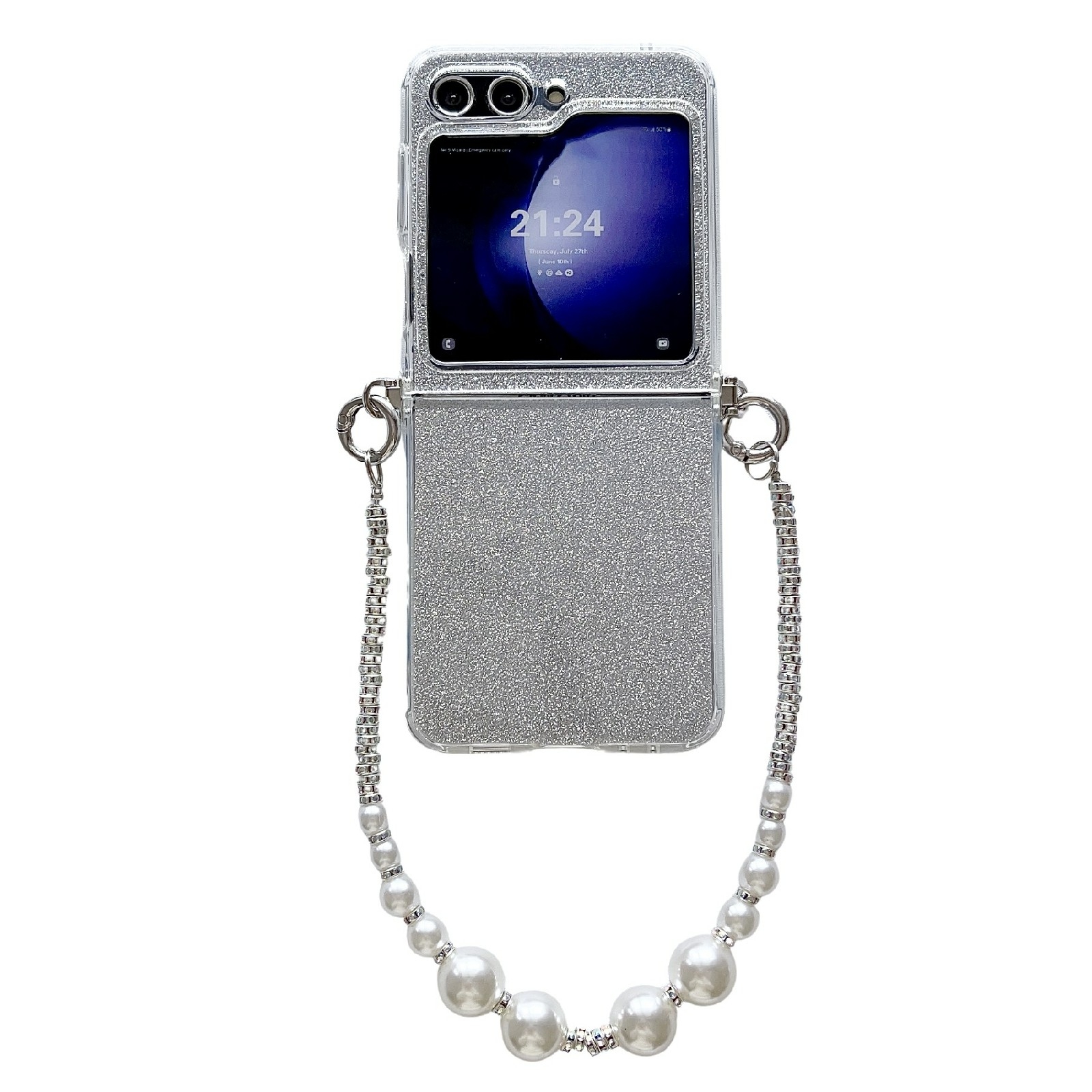 For Samsung Galaxy Z Flip5 5G Glitter Powder PC Side Buckle Full Coverage Shockproof Phone Case with Pearl Bracelet(Silver) For Samsung Galaxy Z Flip5 5G Glitter Powder PC Side Buckle Full Coverage Shockproof Phone Case with Pearl Bracelet(Silver)