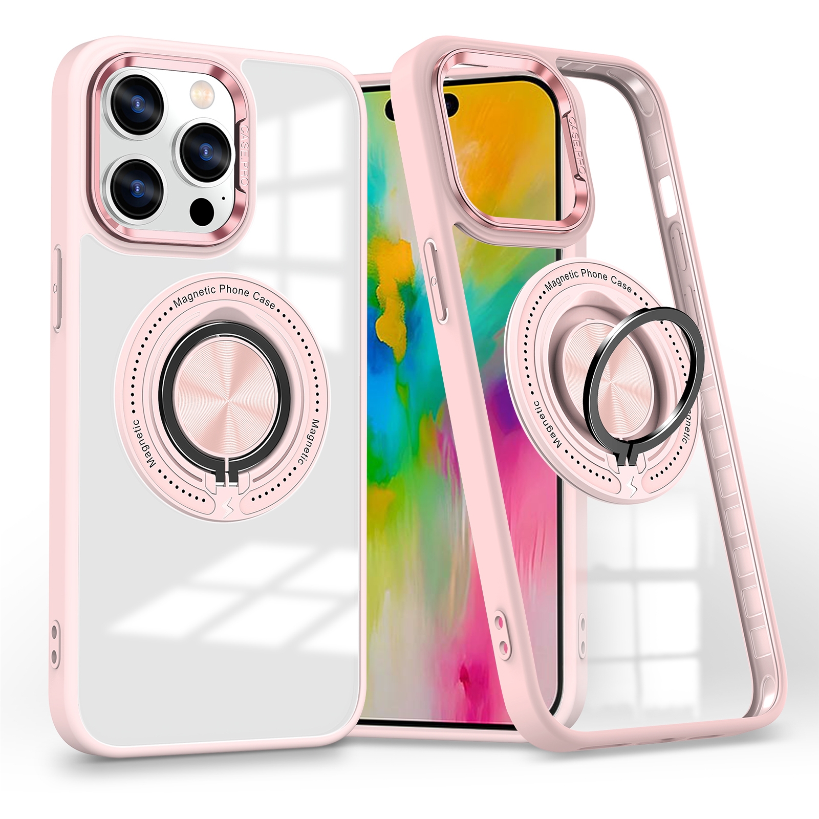 For iPhone 16 Pro Max Magnetic Rotating Ring Holder Phone Case(Pink) For iPhone 16 Pro Max Magnetic Rotating Ring Holder Phone Case(Pink)