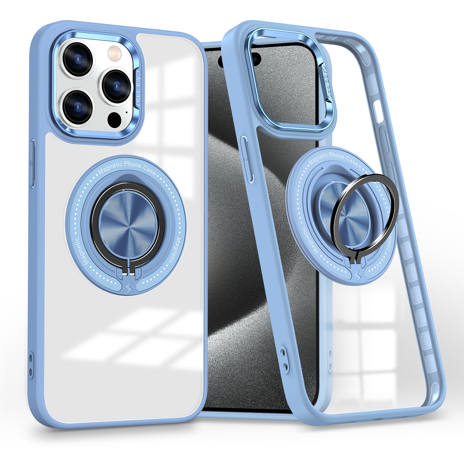 For iPhone 15 Pro Magnetic Rotating Ring Holder Phone Case(Light Blue) For iPhone 15 Pro Magnetic Rotating Ring Holder Phone Case(Light Blue)