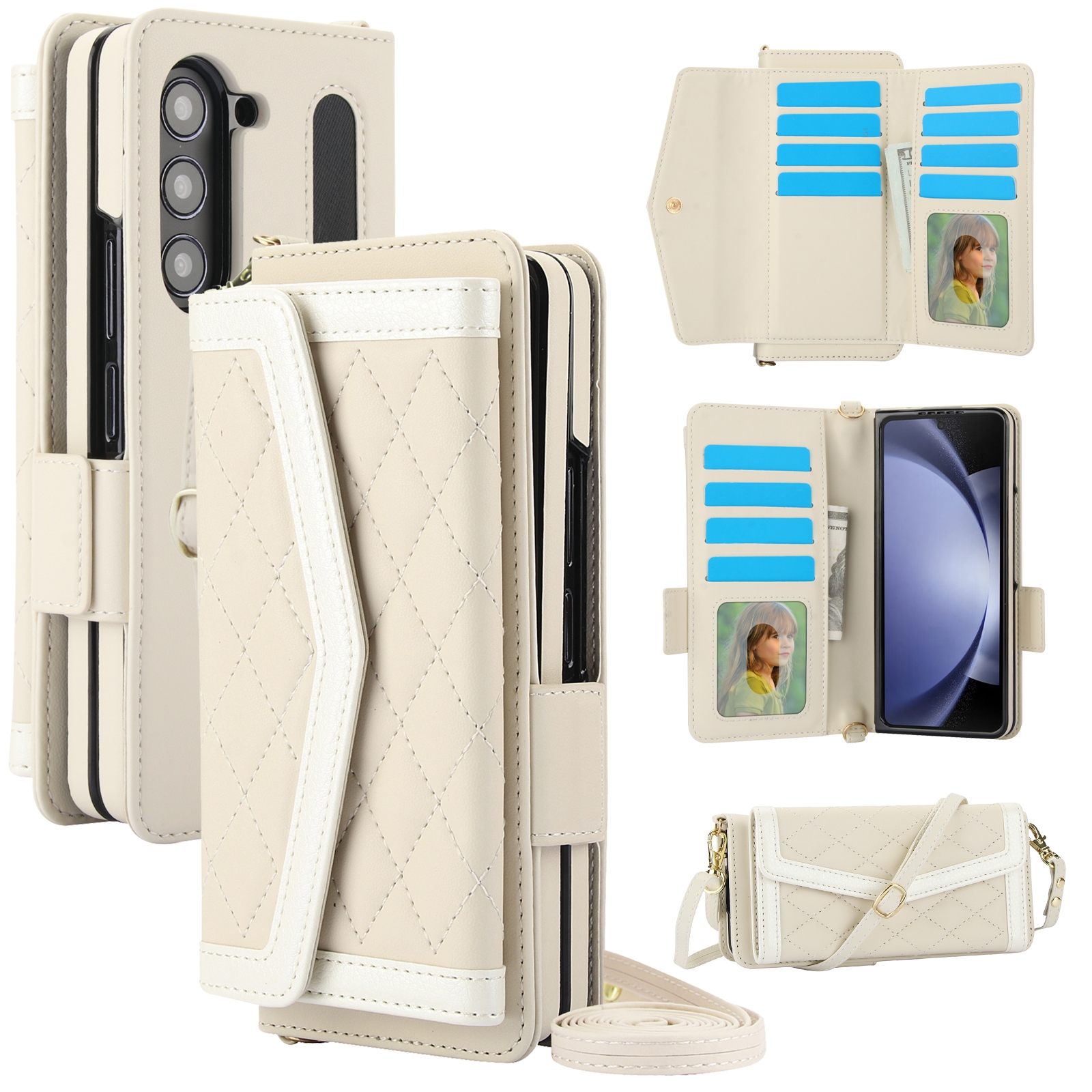 For Samsung Galaxy Z Fold6 Splicing Rhombic Texture Card Holder Phone Case with Lanyard, Not Included Pen(Beige) For Samsung Galaxy Z Fold6 Splicing Rhombic Texture Card Holder Phone Case with Lanyard, Not Included Pen(Beige)