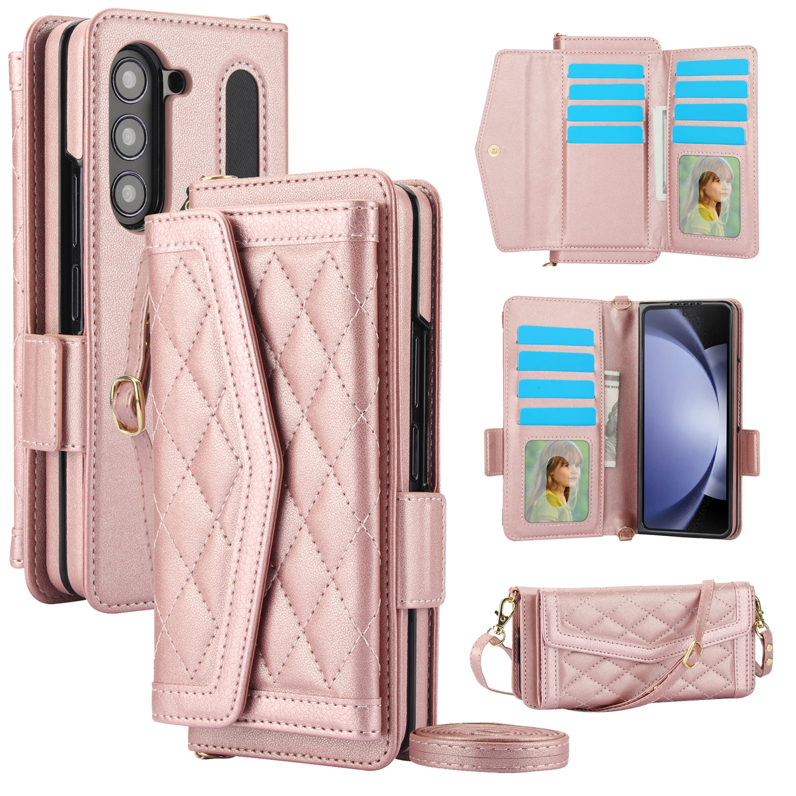 For Samsung Galaxy Z Fold5 Splicing Rhombic Texture Card Holder Phone Case with Lanyard, Not Included Pen(Rose Gold) For Samsung Galaxy Z Fold5 Splicing Rhombic Texture Card Holder Phone Case with Lanyard, Not Included Pen(Rose Gold)