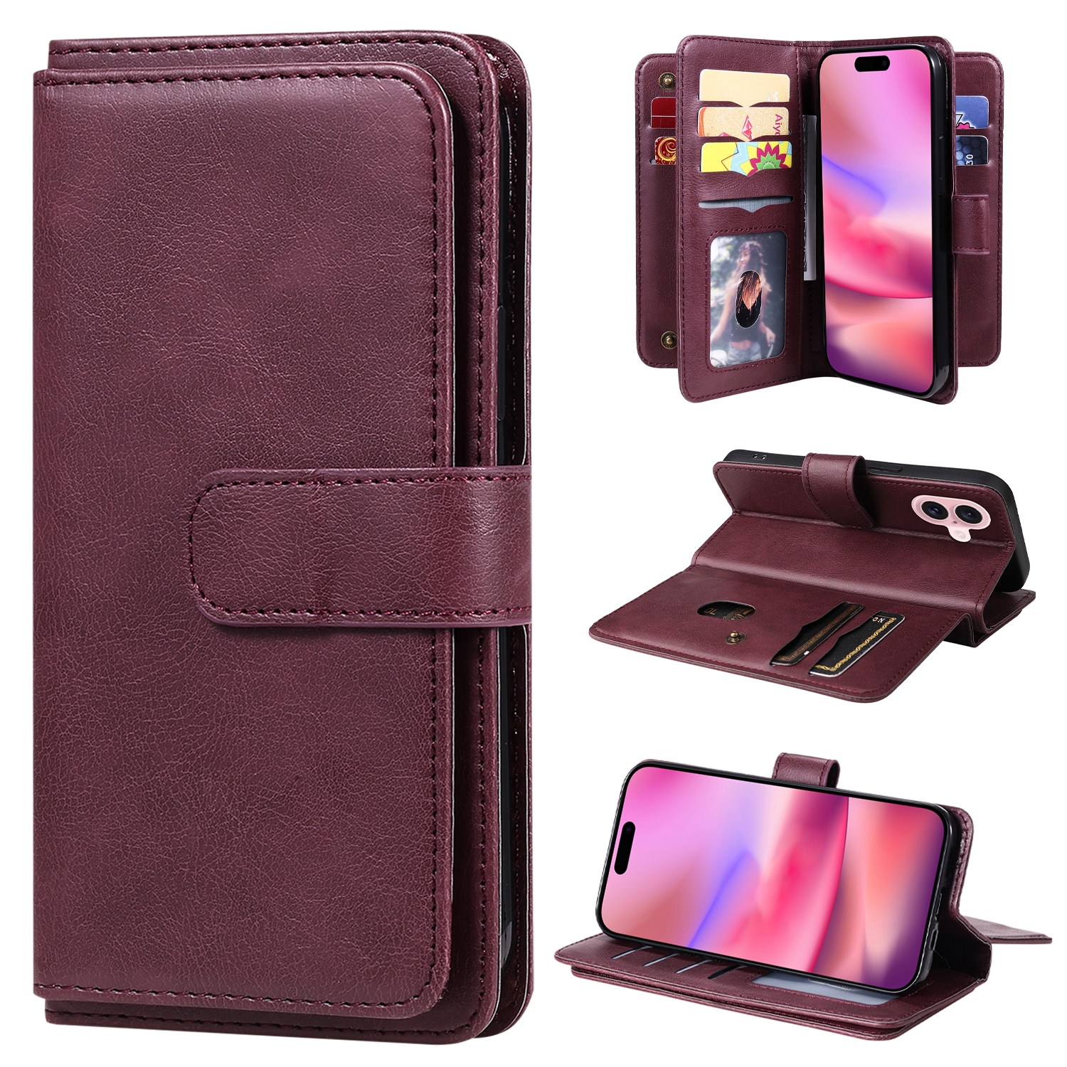 For iPhone 16 Multi-Function Wallet 10 Card Slots Leather Phone Case(Claret) For iPhone 16 Multi-Function Wallet 10 Card Slots Leather Phone Case(Claret)