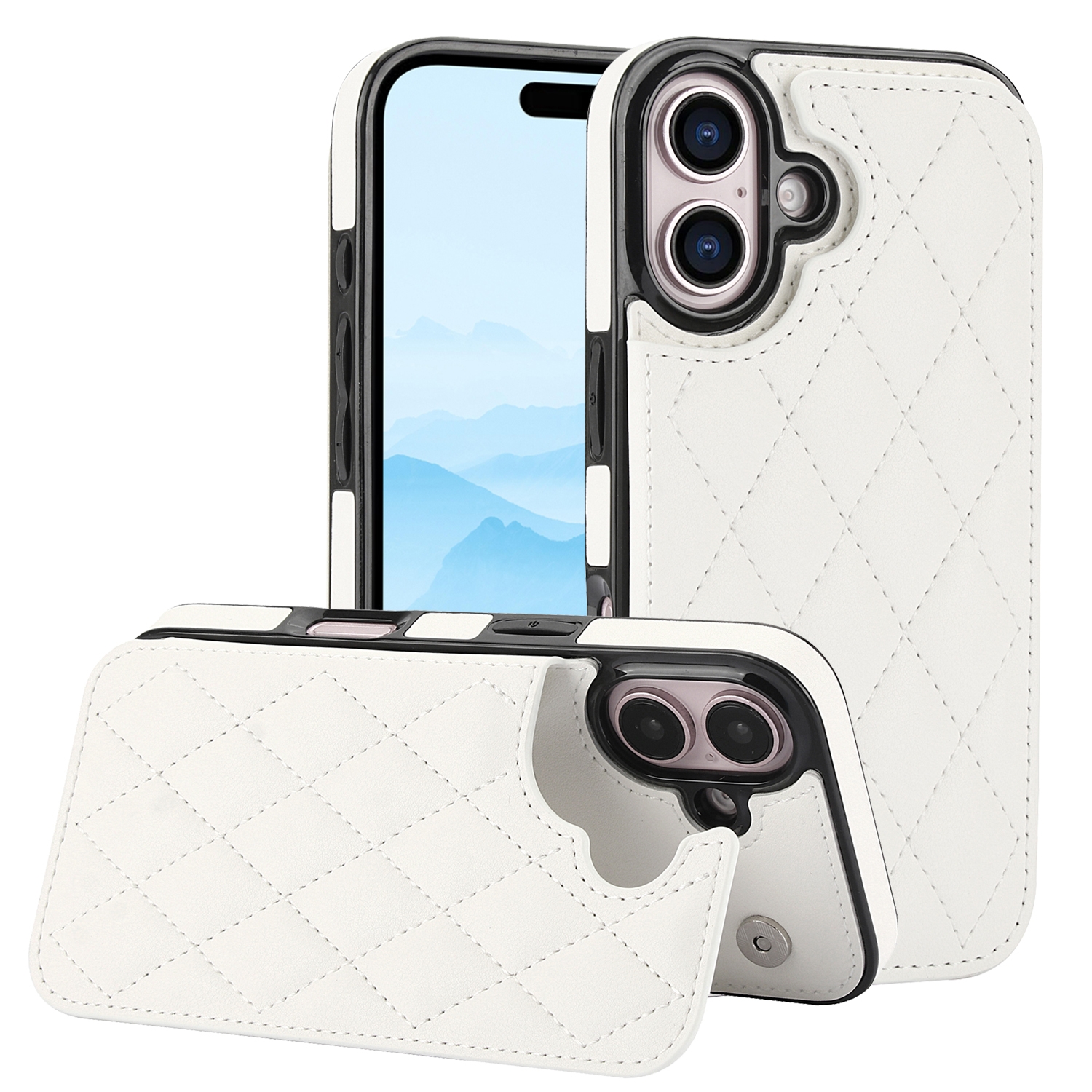 For iPhone 16 Plus Double Buckle Rhombic PU Leather Phone Case(White) For iPhone 16 Plus Double Buckle Rhombic PU Leather Phone Case(White)