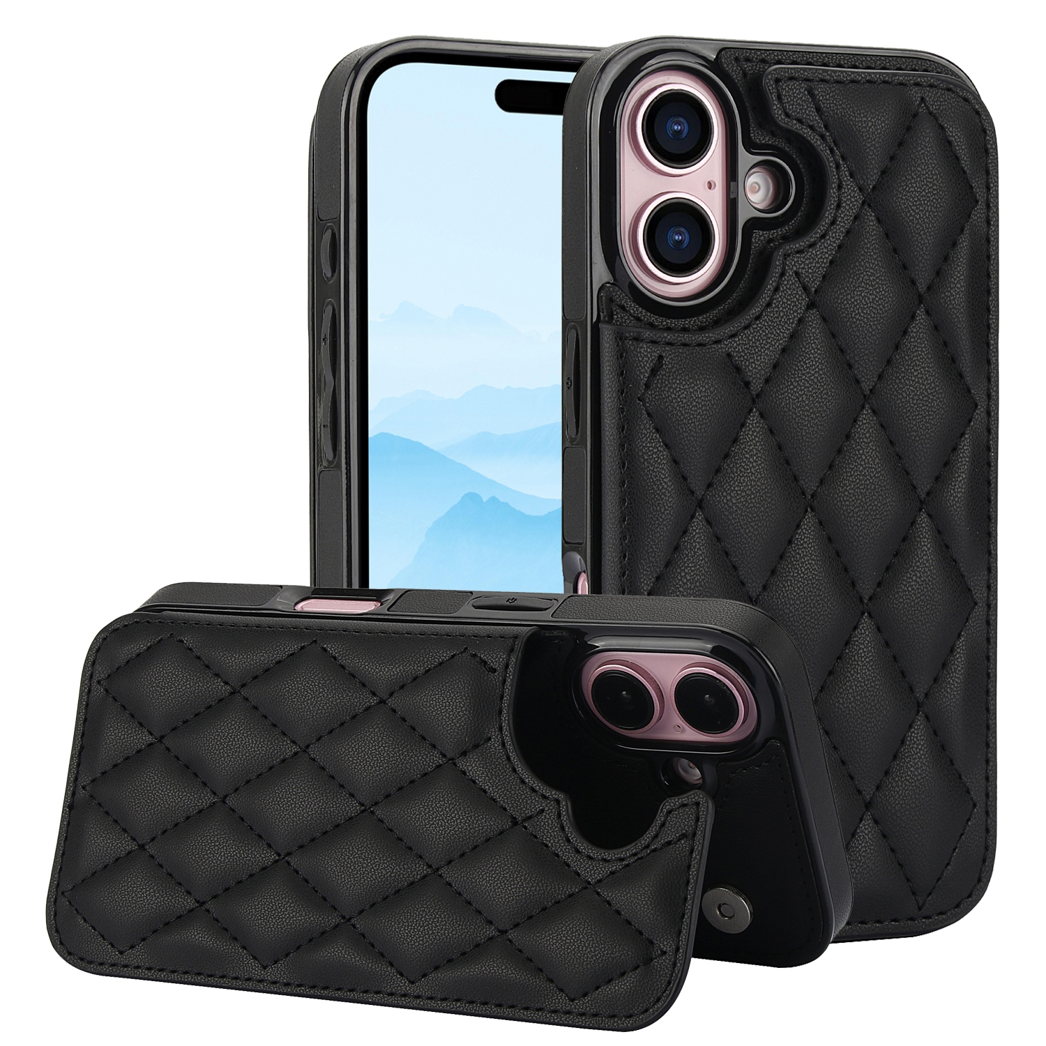 For iPhone 16 Double Buckle Rhombic PU Leather Phone Case(Black) For iPhone 16 Double Buckle Rhombic PU Leather Phone Case(Black)