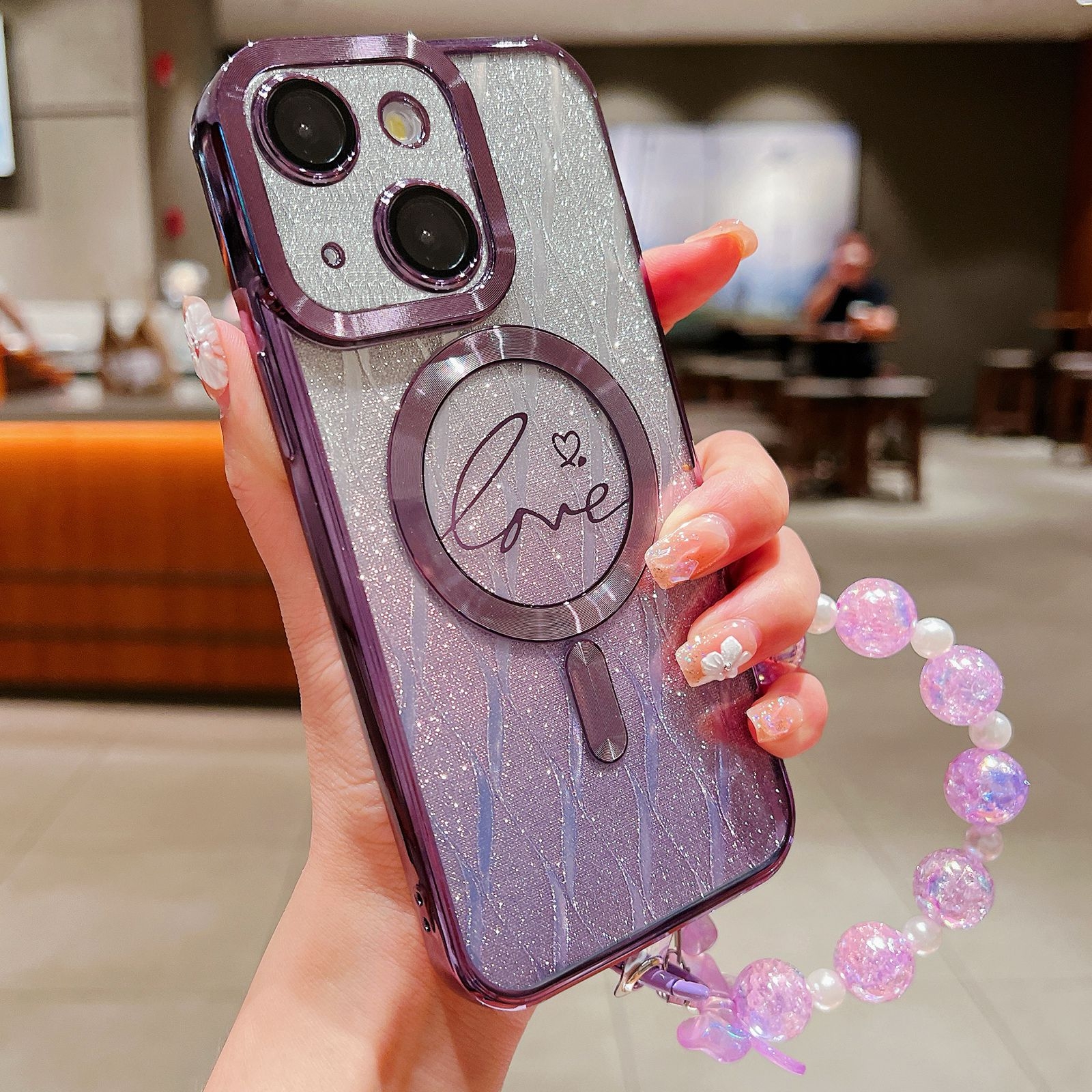 For iPhone 15 Plus Dual-Love Leaves Gradient Glitter Bracelets Magsafe TPU Phone Case(Purple)