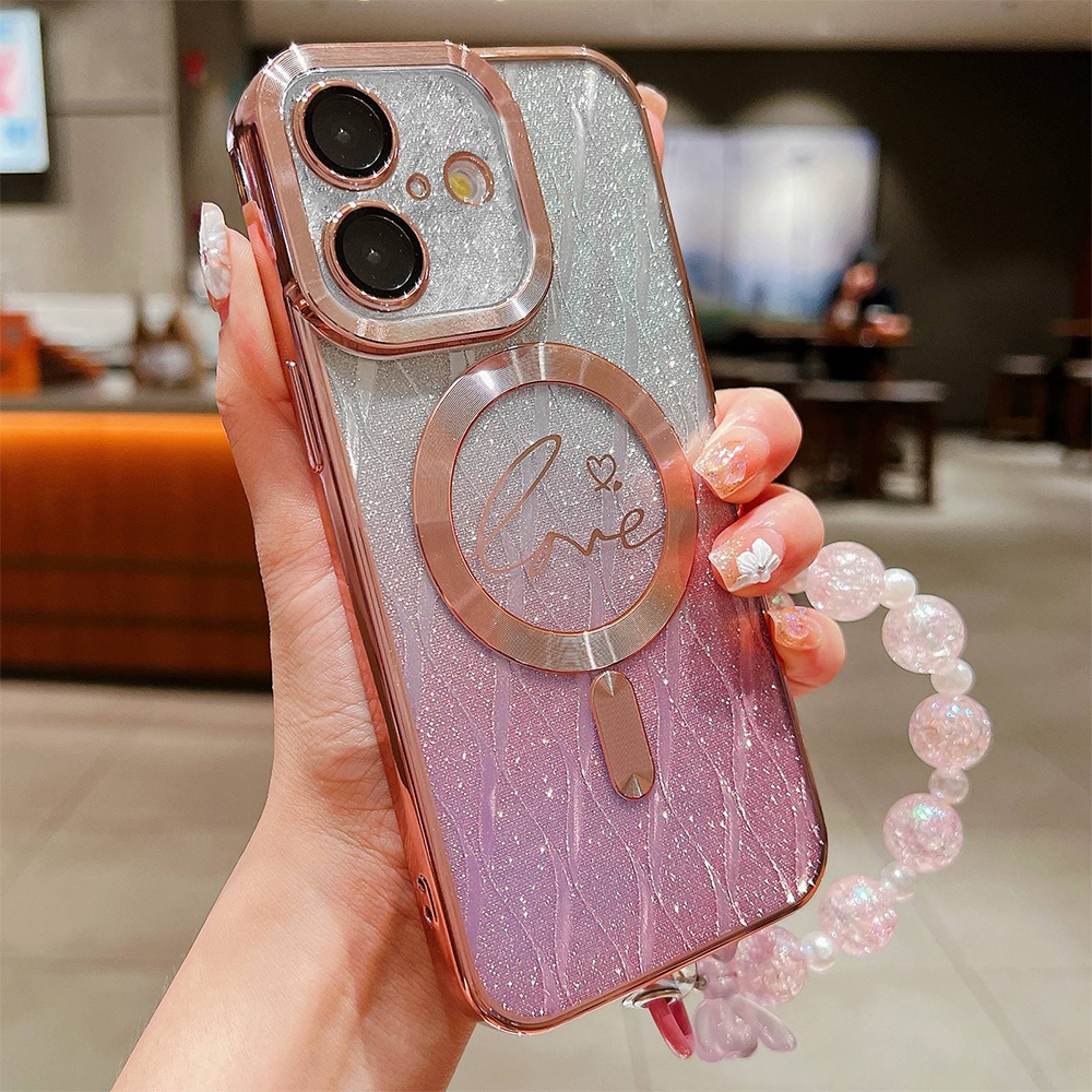 For iPhone 16 Dual-Love Leaves Gradient Glitter Bracelets Magsafe TPU Phone Case(Pink) For iPhone 16 Dual-Love Leaves Gradient Glitter Bracelets Magsafe TPU Phone Case(Pink)
