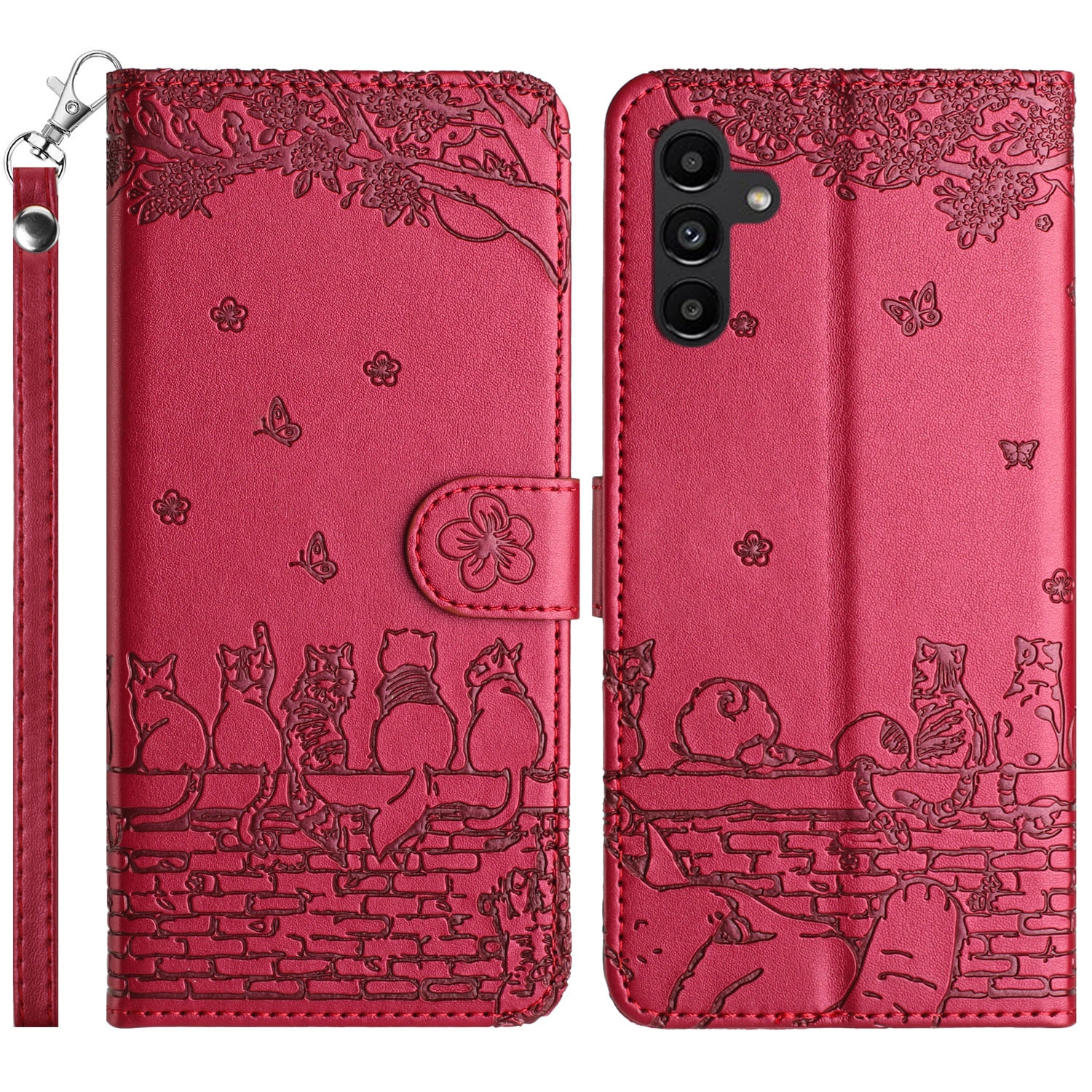 For Samsung Galaxy S25 5G Cat Embossing Pattern Leather Phone Case with Lanyard(Red) For Samsung Galaxy S25 5G Cat Embossing Pattern Leather Phone Case with Lanyard(Red)