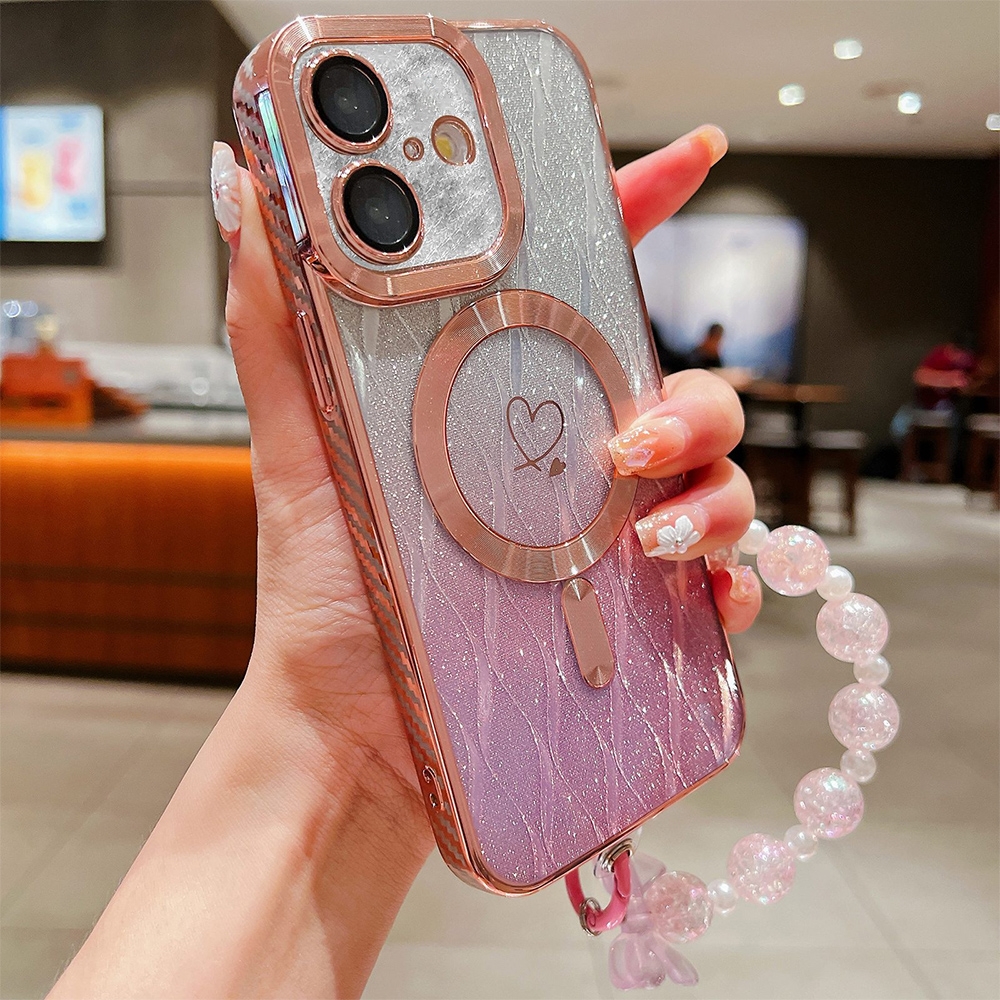 For iPhone 16 Loves Leaves Gradient Glitter Bracelets Carbon Fiber Magsafe TPU Phone Case(Pink) For iPhone 16 Loves Leaves Gradient Glitter Bracelets Carbon Fiber Magsafe TPU Phone Case(Pink)