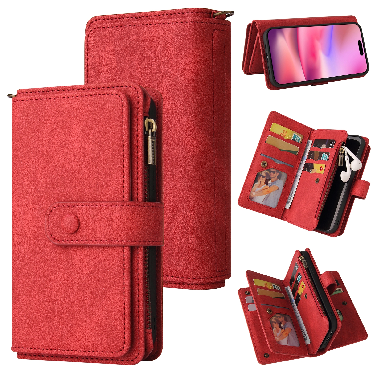 For iPhone 16 Skin Feel Multi Card Slots Zipper Wallet Leather Phone Case(Red) For iPhone 16 Skin Feel Multi Card Slots Zipper Wallet Leather Phone Case(Red)