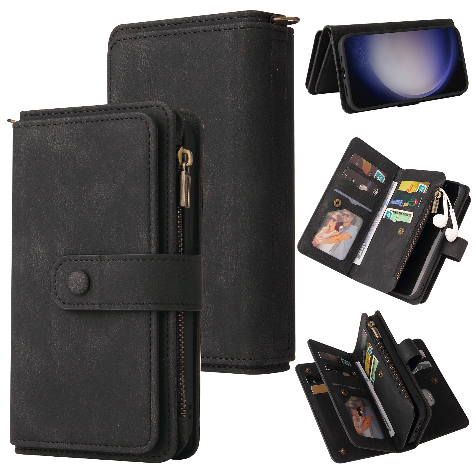 For Samsung Galaxy S25+ / S24+ 5G Skin Feel Multi Card Slots Zipper Wallet Leather Phone Case(Black)