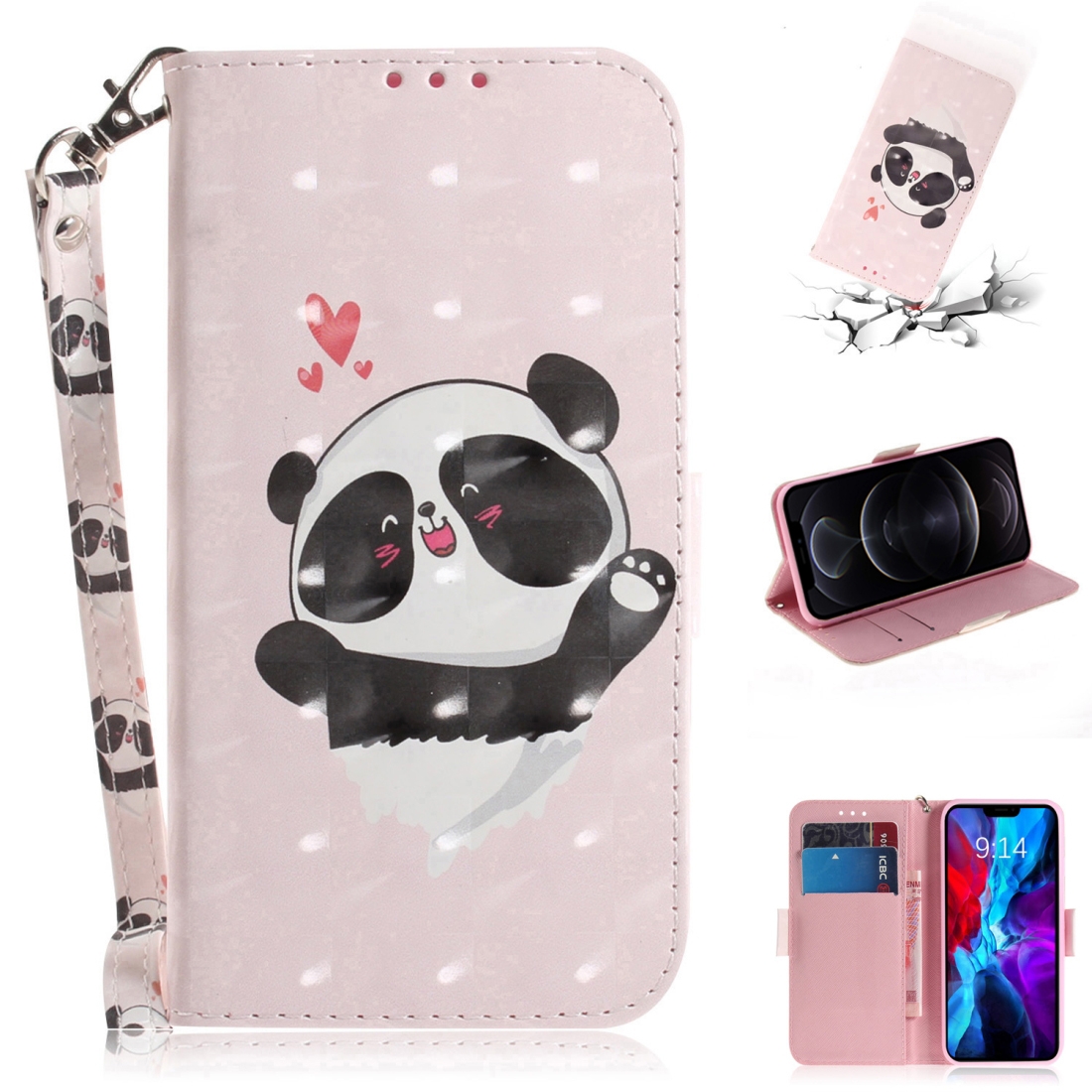 For iPhone 12 / 12 Pro 3D Colored Drawing Horizontal Flip Leather Case with Holder & Card Slots & Wallet & Lanyard(Heart Panda) For iPhone 12 / 12 Pro 3D Colored Drawing Horizontal Flip Leather Case with Holder & Card Slots & Wallet & Lanyard(Heart Panda)