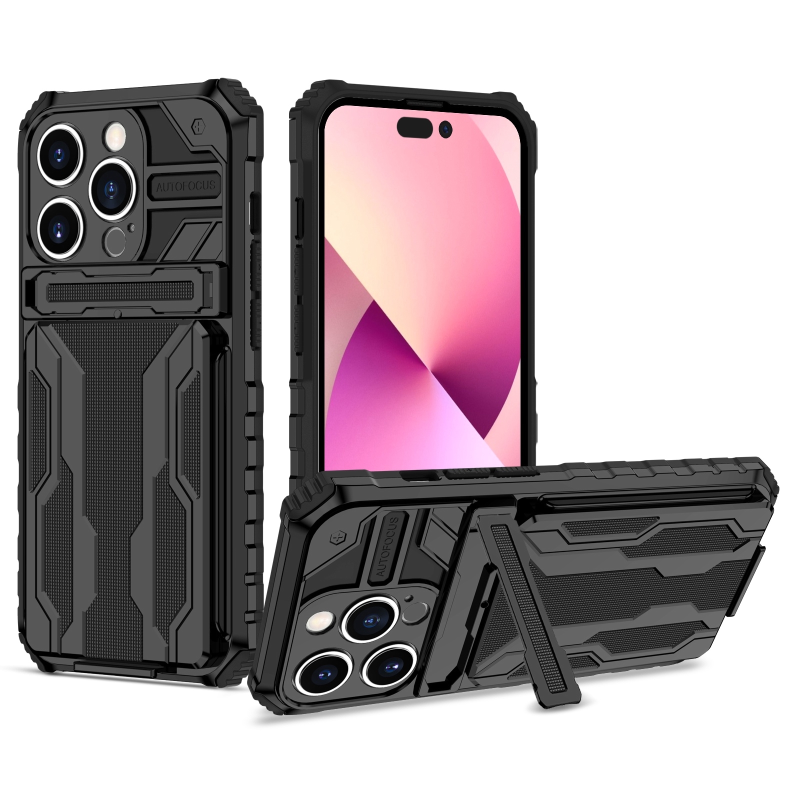 For iPhone 15 Pro Kickstand Armor Card Wallet Phone Case(Black) For iPhone 15 Pro Kickstand Armor Card Wallet Phone Case(Black)