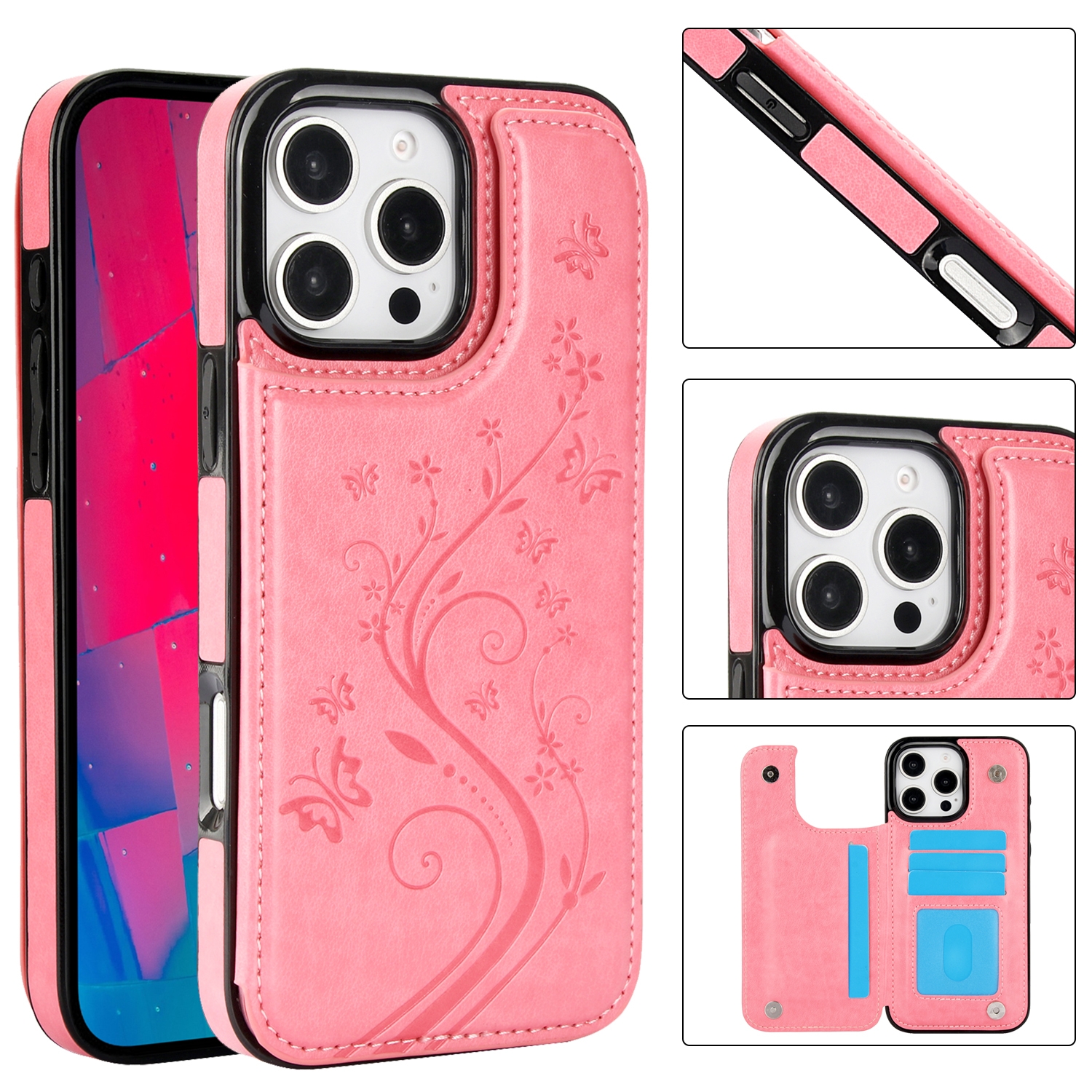 For iPhone 16 Pro Max Double Buckle Butterfly Embossing PU Phone Case(Pink) For iPhone 16 Pro Max Double Buckle Butterfly Embossing PU Phone Case(Pink)