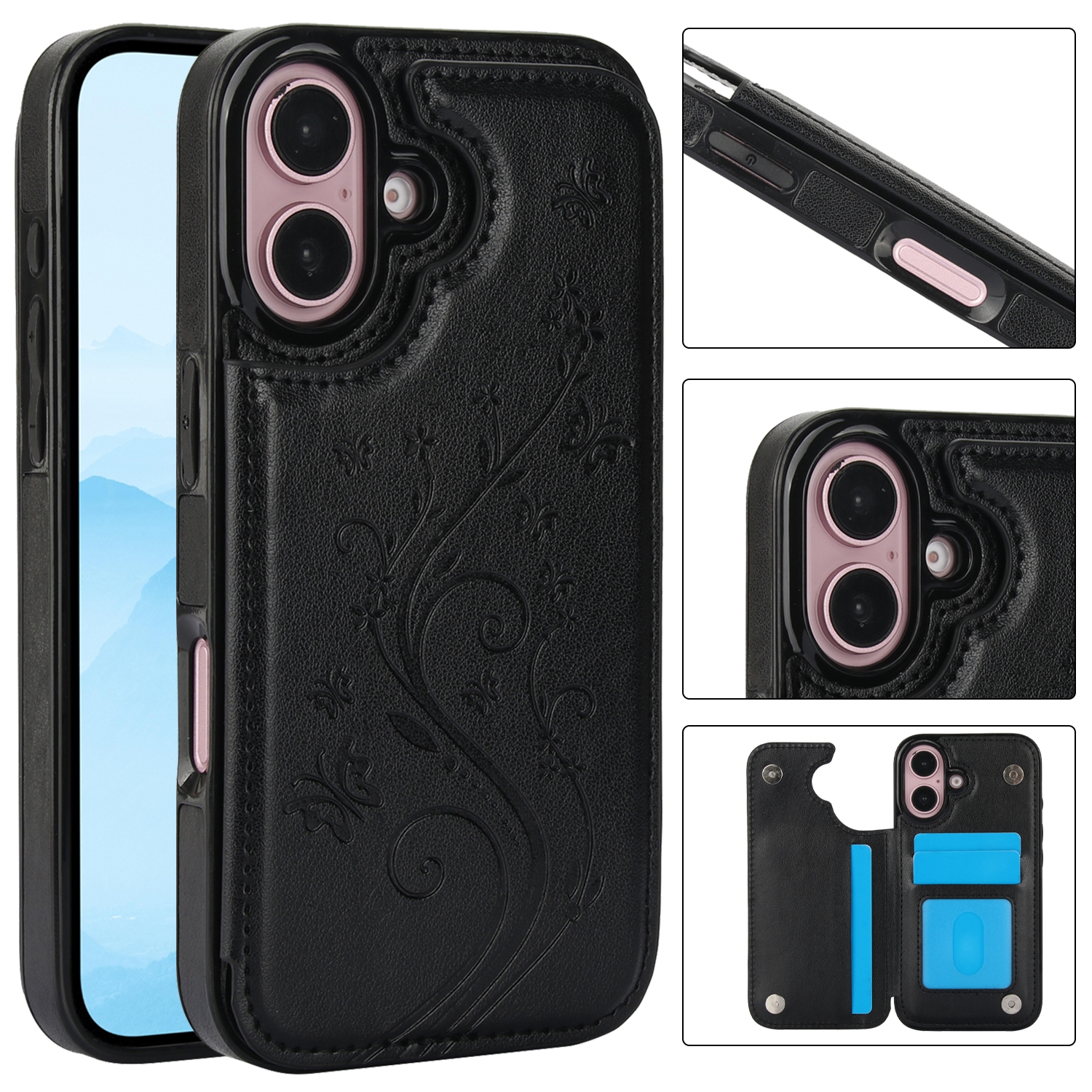 For iPhone 16 Plus Double Buckle Butterfly Embossing PU Phone Case(Black) For iPhone 16 Plus Double Buckle Butterfly Embossing PU Phone Case(Black)