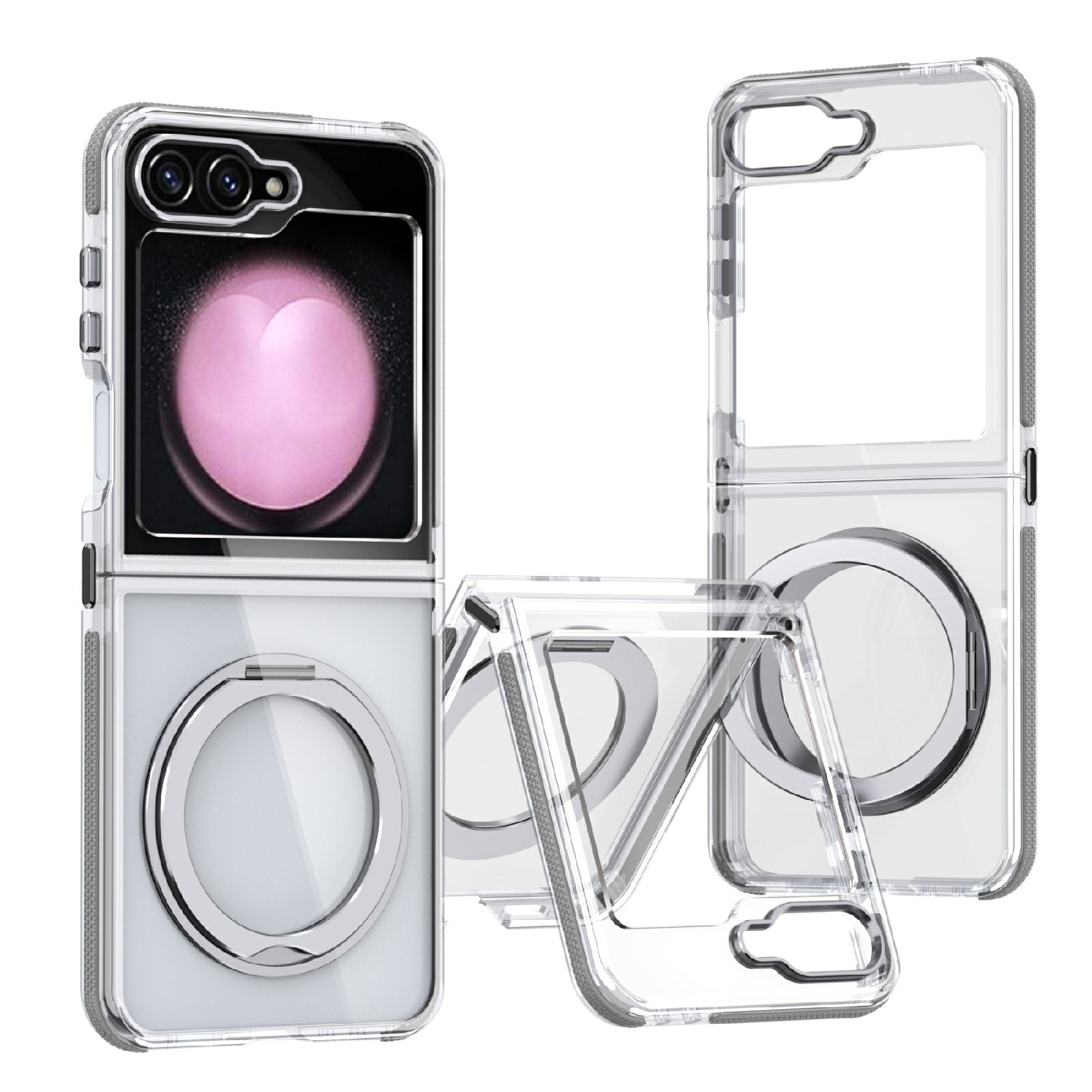 For Samsung Galaxy Z Flip5 Dual-Color Clear Acrylic Hybrid TPU 360 Rotating Holder Phone Case(Grey) For Samsung Galaxy Z Flip5 Dual-Color Clear Acrylic Hybrid TPU 360 Rotating Holder Phone Case(Grey)
