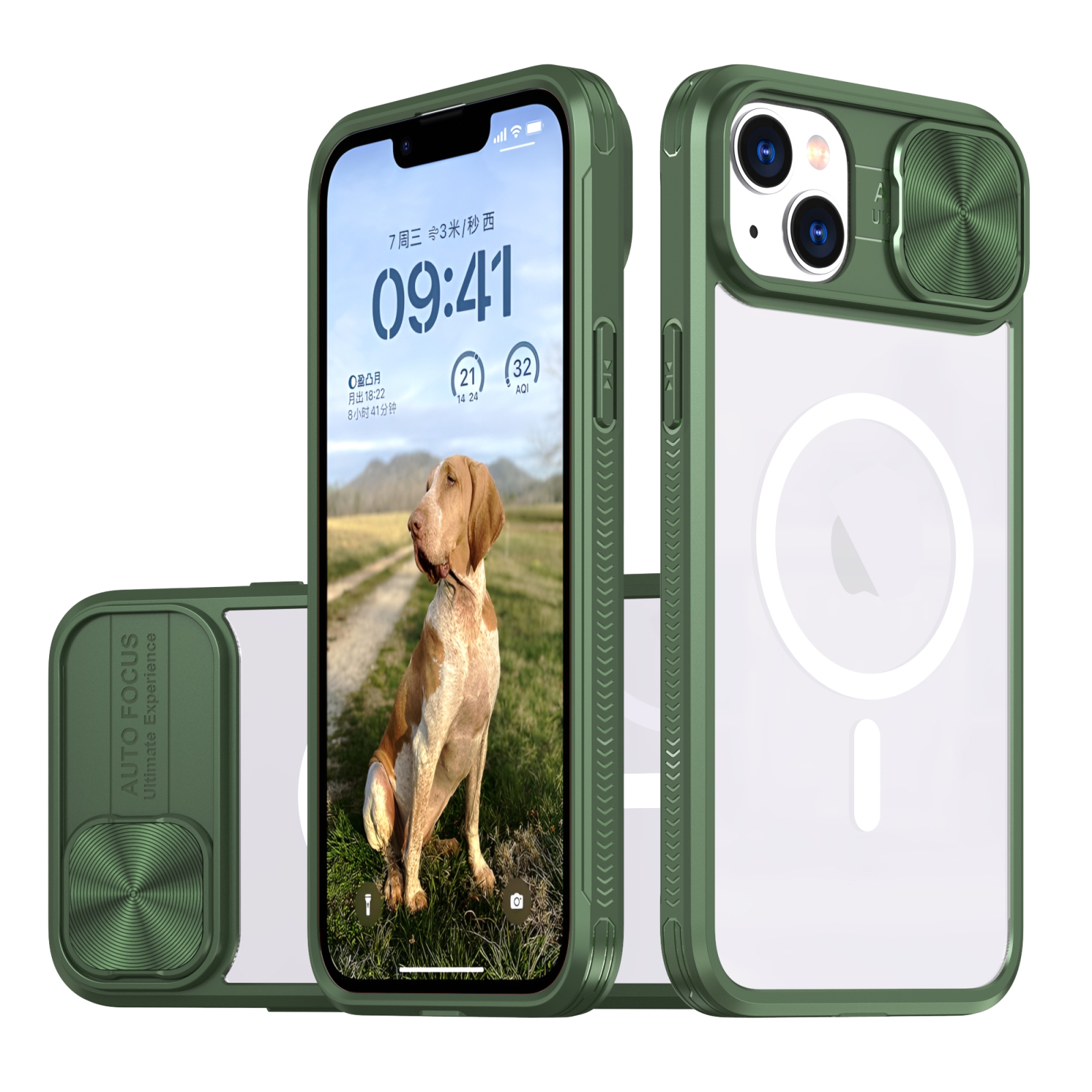 For iPhone 14 / 13 Clear Acrylic + PC + TPU MagSafe Lens Sliding Cover Full Coverage Phone Case(Olive Green) For iPhone 14 / 13 Clear Acrylic + PC + TPU MagSafe Lens Sliding Cover Full Coverage Phone Case(Olive Green)