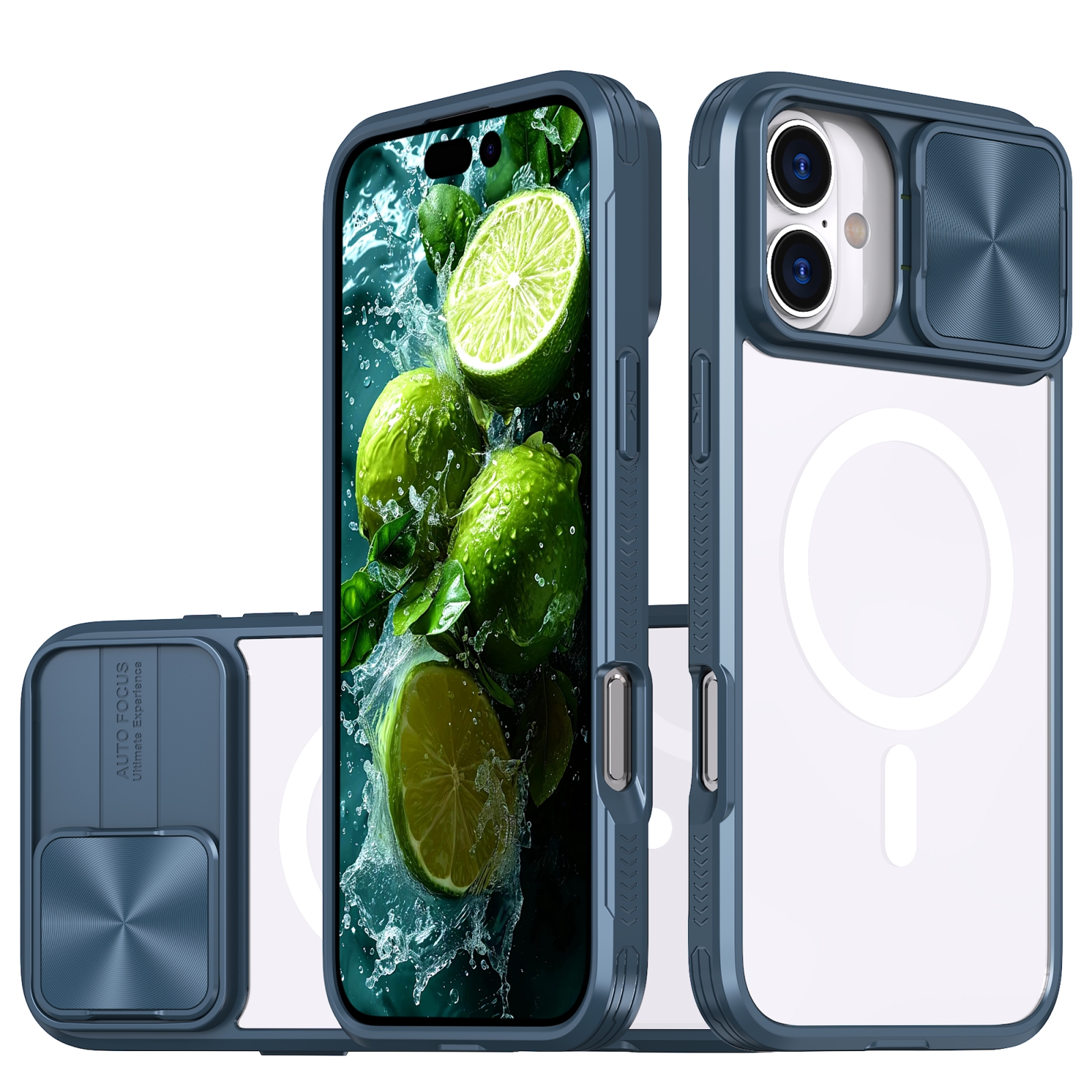 For iPhone 16 Clear Acrylic + PC + TPU MagSafe Lens Sliding Cover Full Coverage Phone Case(Navy Blue) For iPhone 16 Clear Acrylic + PC + TPU MagSafe Lens Sliding Cover Full Coverage Phone Case(Navy Blue)