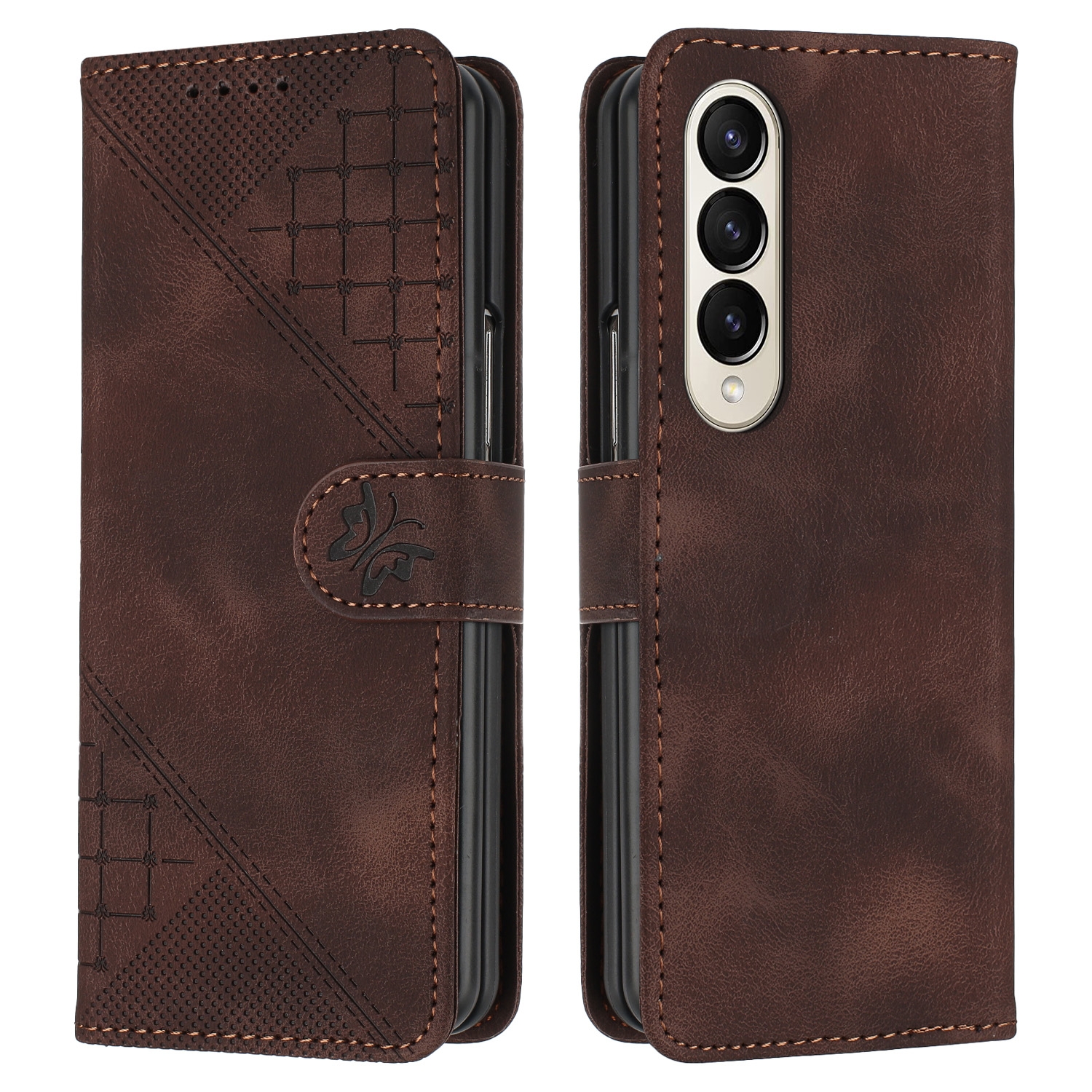 For Samsung Galaxy Z Fold4 YX0080 Grid Butterfly Embossed Pattern Flip Leather Phone Case with Lanyard(Coffee)