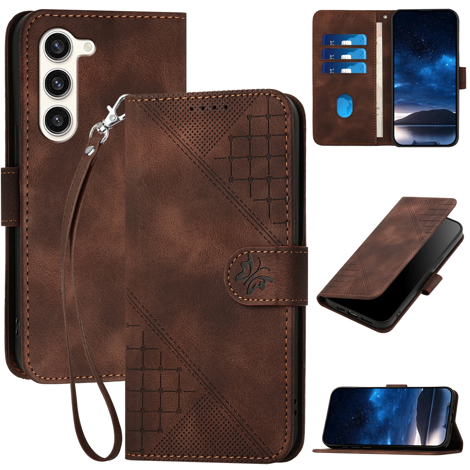 For Samsung Galaxy S23+ 5G YX0080 Grid Butterfly Embossed Pattern Flip Leather Phone Case with Lanyard(Coffee)