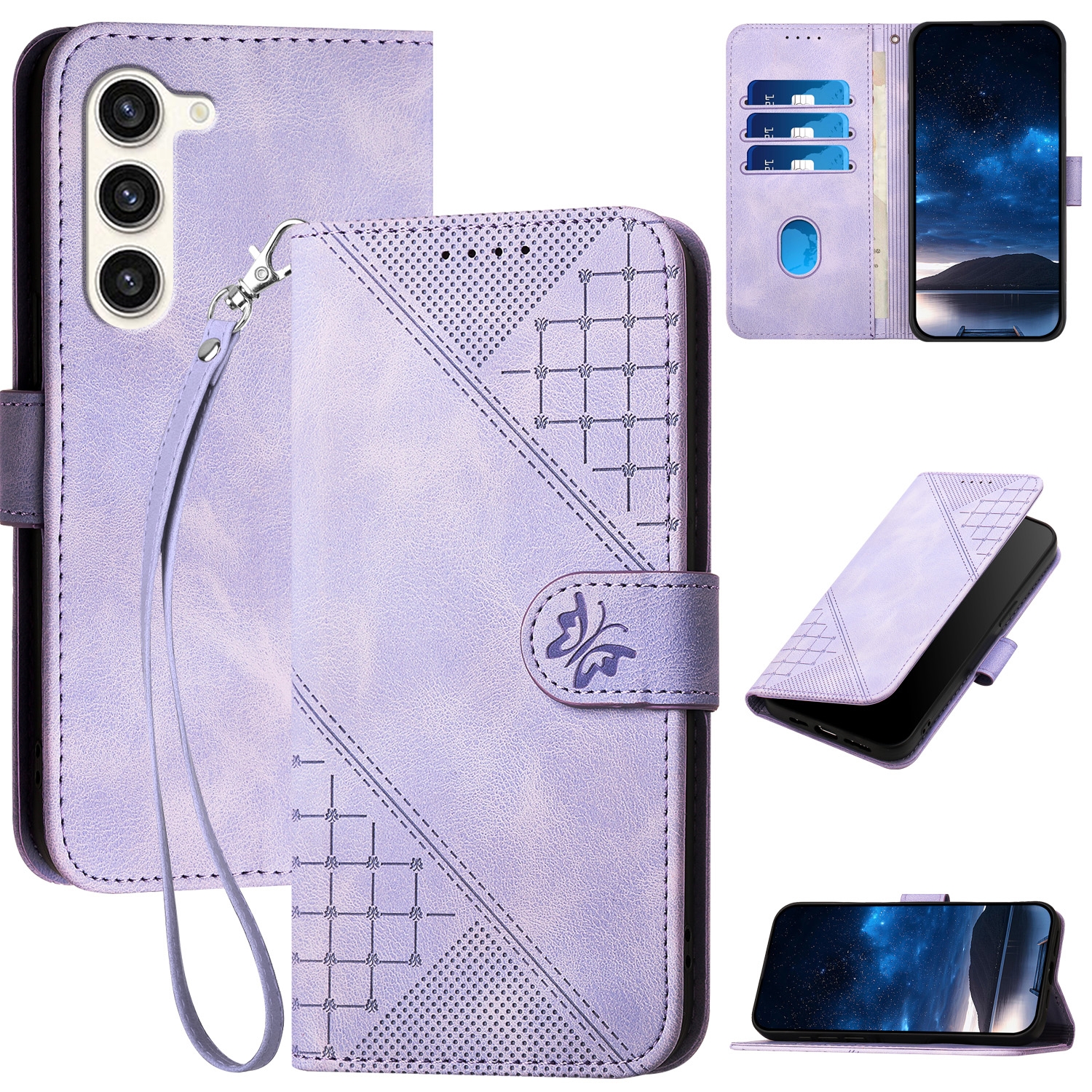 For Samsung Galaxy S23 5G YX0080 Grid Butterfly Embossed Pattern Flip Leather Phone Case with Lanyard(Light Purple) For Samsung Galaxy S23 5G YX0080 Grid Butterfly Embossed Pattern Flip Leather Phone Case with Lanyard(Light Purple)