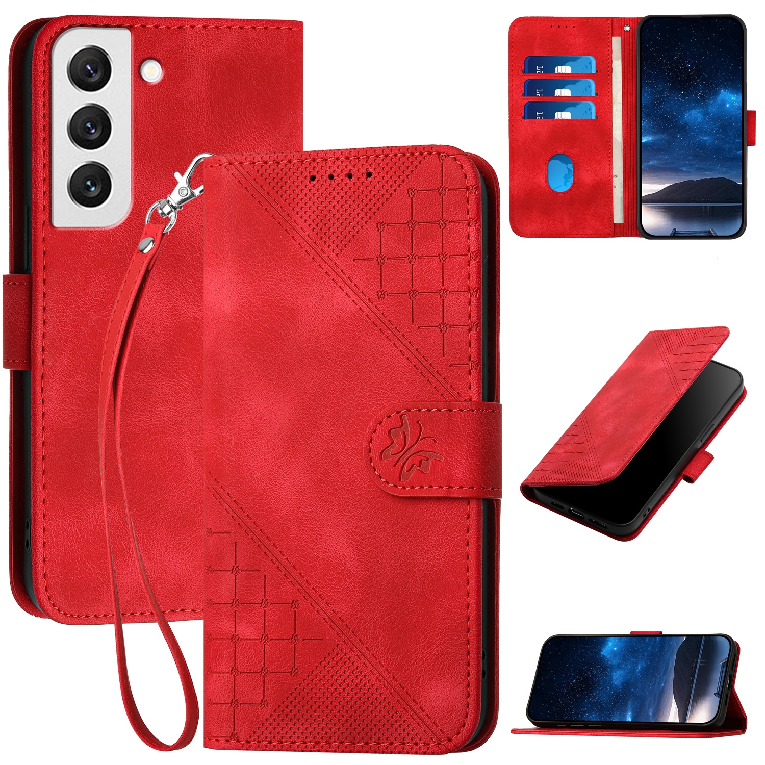 For Samsung Galaxy S22 5G YX0080 Grid Butterfly Embossed Pattern Flip Leather Phone Case with Lanyard(Red) For Samsung Galaxy S22 5G YX0080 Grid Butterfly Embossed Pattern Flip Leather Phone Case with Lanyard(Red)