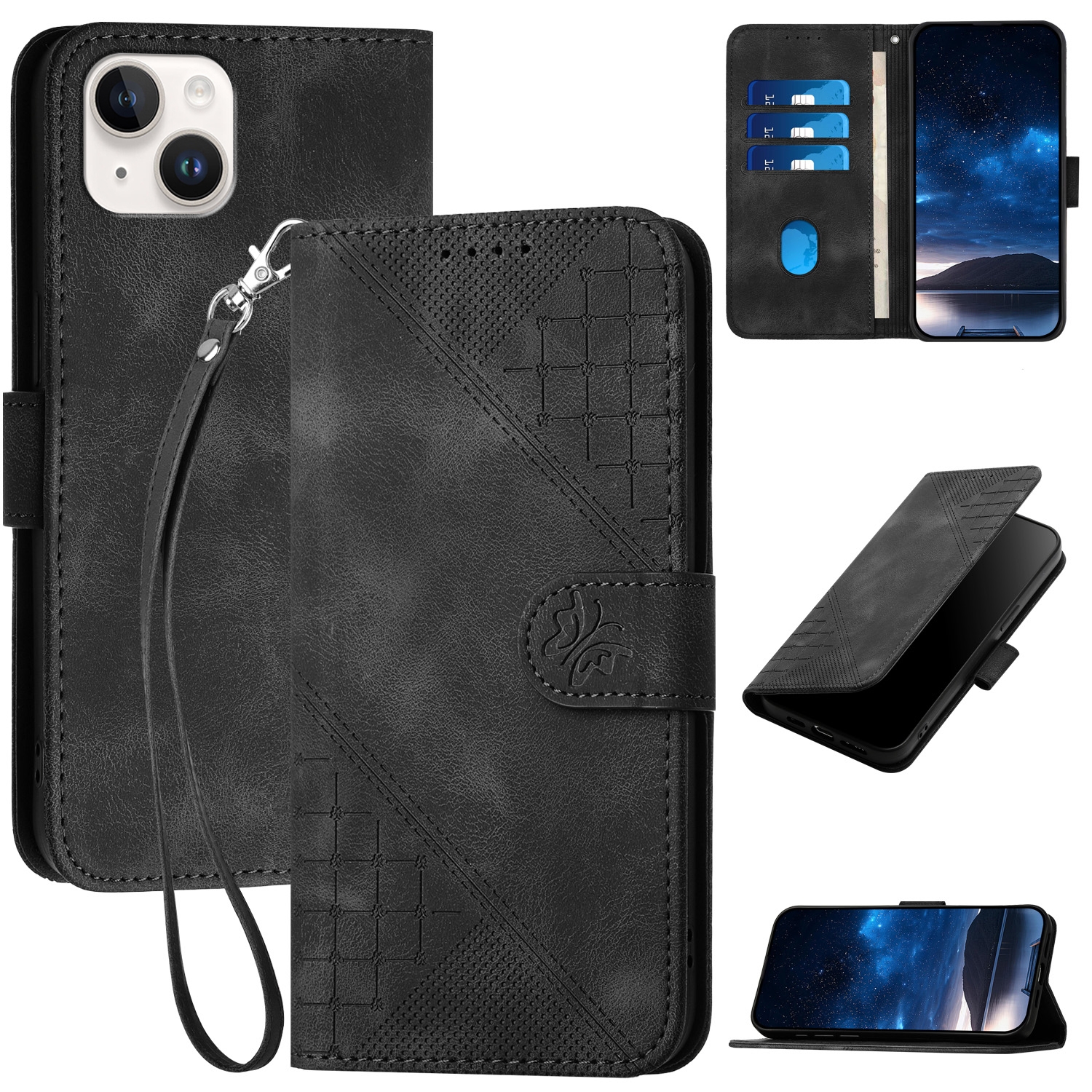 For iPhone 14 Plus YX0080 Grid Butterfly Embossed Pattern Flip Leather Phone Case with Lanyard(Black) For iPhone 14 Plus YX0080 Grid Butterfly Embossed Pattern Flip Leather Phone Case with Lanyard(Black)