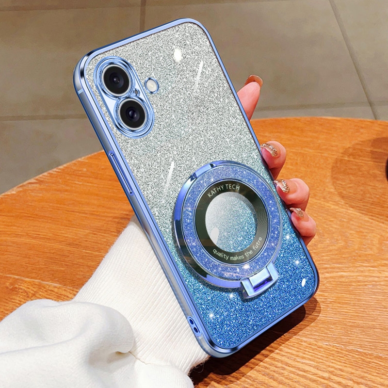 For iPhone 16 Plus Plated Gradient Glitter Round Holder TPU Phone Case(Sierra Blue) For iPhone 16 Plus Plated Gradient Glitter Round Holder TPU Phone Case(Sierra Blue)