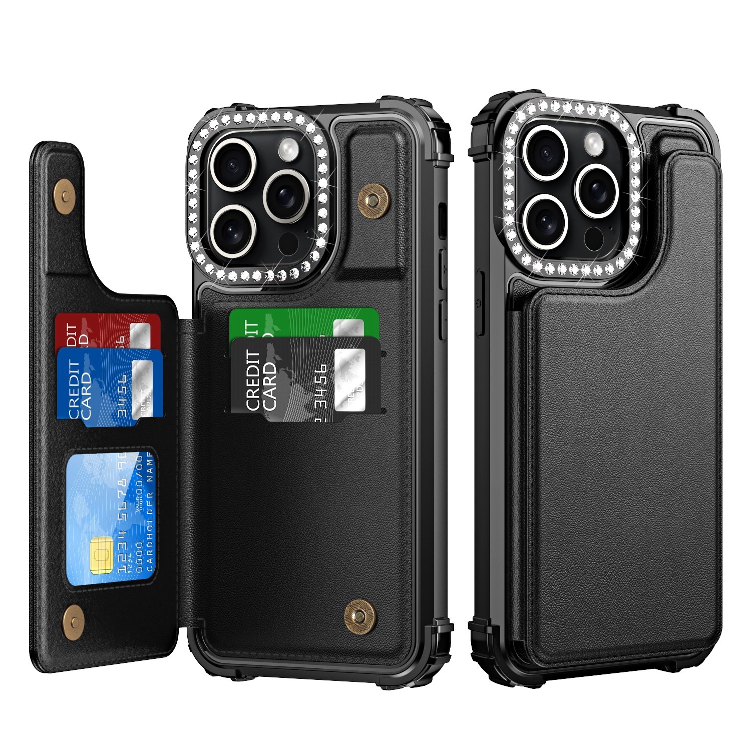 For iPhone 15 Pro Diamond Horizontal Card Bag Leather Phone Case(Black) For iPhone 15 Pro Diamond Horizontal Card Bag Leather Phone Case(Black)
