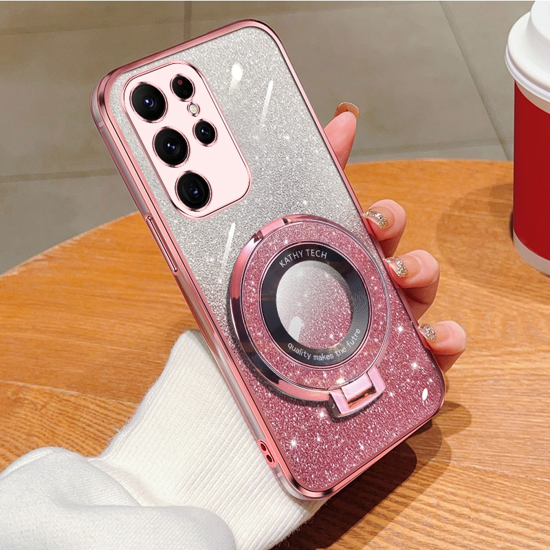 For Samsung Galaxy S24 Ultra 5G Plated Gradient Glitter Round Holder TPU Phone Case(Pink) For Samsung Galaxy S24 Ultra 5G Plated Gradient Glitter Round Holder TPU Phone Case(Pink)