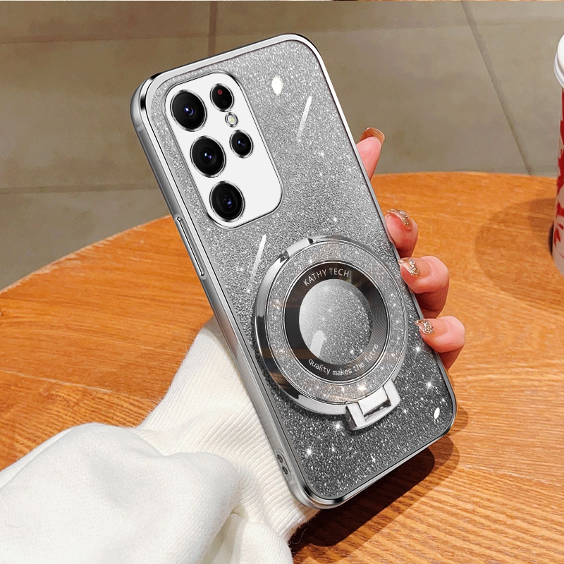 For Samsung Galaxy S23 Ultra 5G Plated Gradient Glitter Round Holder TPU Phone Case(Silver) For Samsung Galaxy S23 Ultra 5G Plated Gradient Glitter Round Holder TPU Phone Case(Silver)