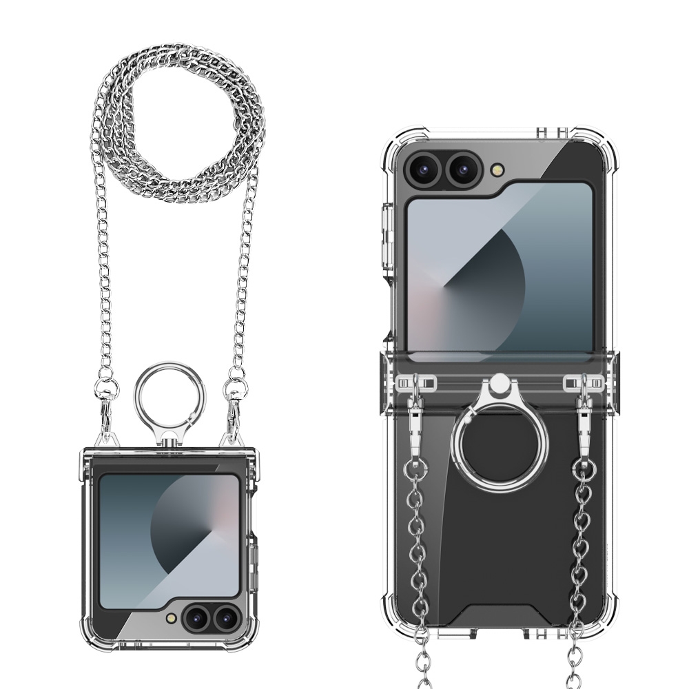 For Samsung Galaxy Z Flip6 GKK Clear Airbag Hinge Full Coverage Phone Case with Ring / Metal Chain(Silver) For Samsung Galaxy Z Flip6 GKK Clear Airbag Hinge Full Coverage Phone Case with Ring / Metal Chain(Silver)