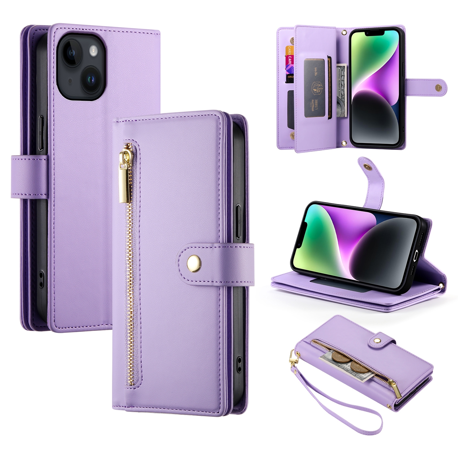 For iPhone 14 Nine Card-slot Zipper Wallet Bag Leather Phone Case(Purple) For iPhone 14 Nine Card-slot Zipper Wallet Bag Leather Phone Case(Purple)